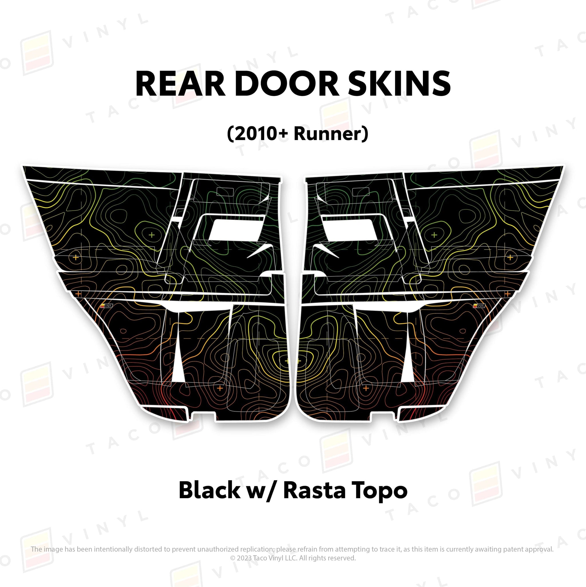 Taco Vinyl Protective Vinyl Rear Driver/Passenger / Black w/Rasta Scheme Topo 2010-24 4Runner Door Skins