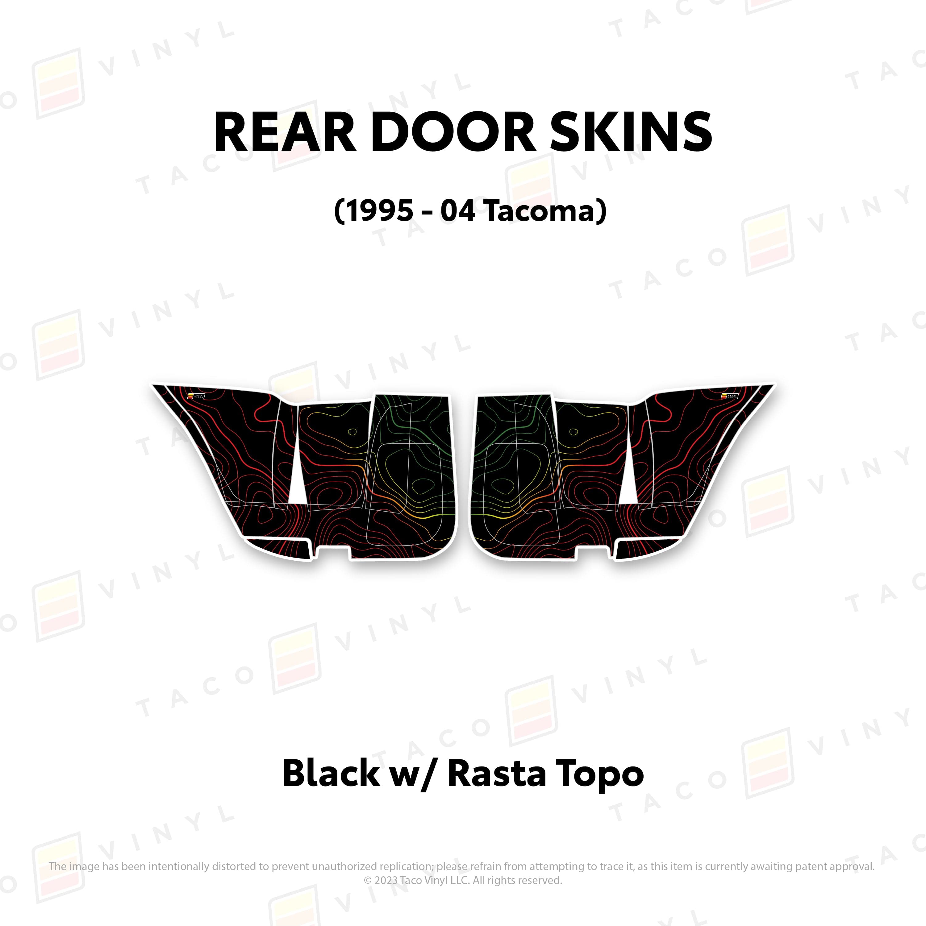 Taco Vinyl Protective Vinyl Rear Driver/Passenger / Black w/Rasta Scheme Topo 2010-24 4Runner Door Skins (Lower Section)
