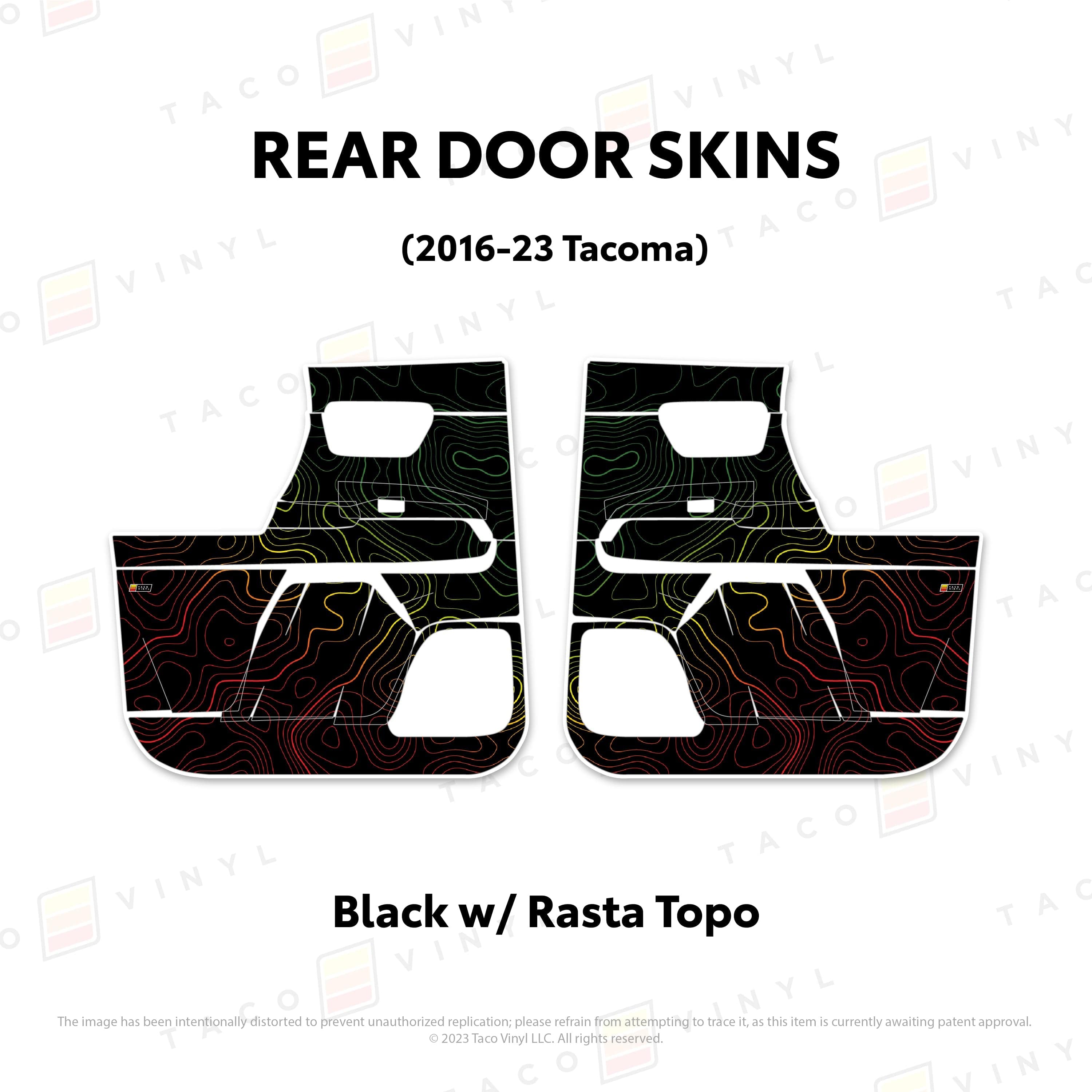 Taco Vinyl Protective Vinyl Rear Driver/Passenger / Black w/Rasta Scheme Topo 2016-23 Tacoma Door Skins