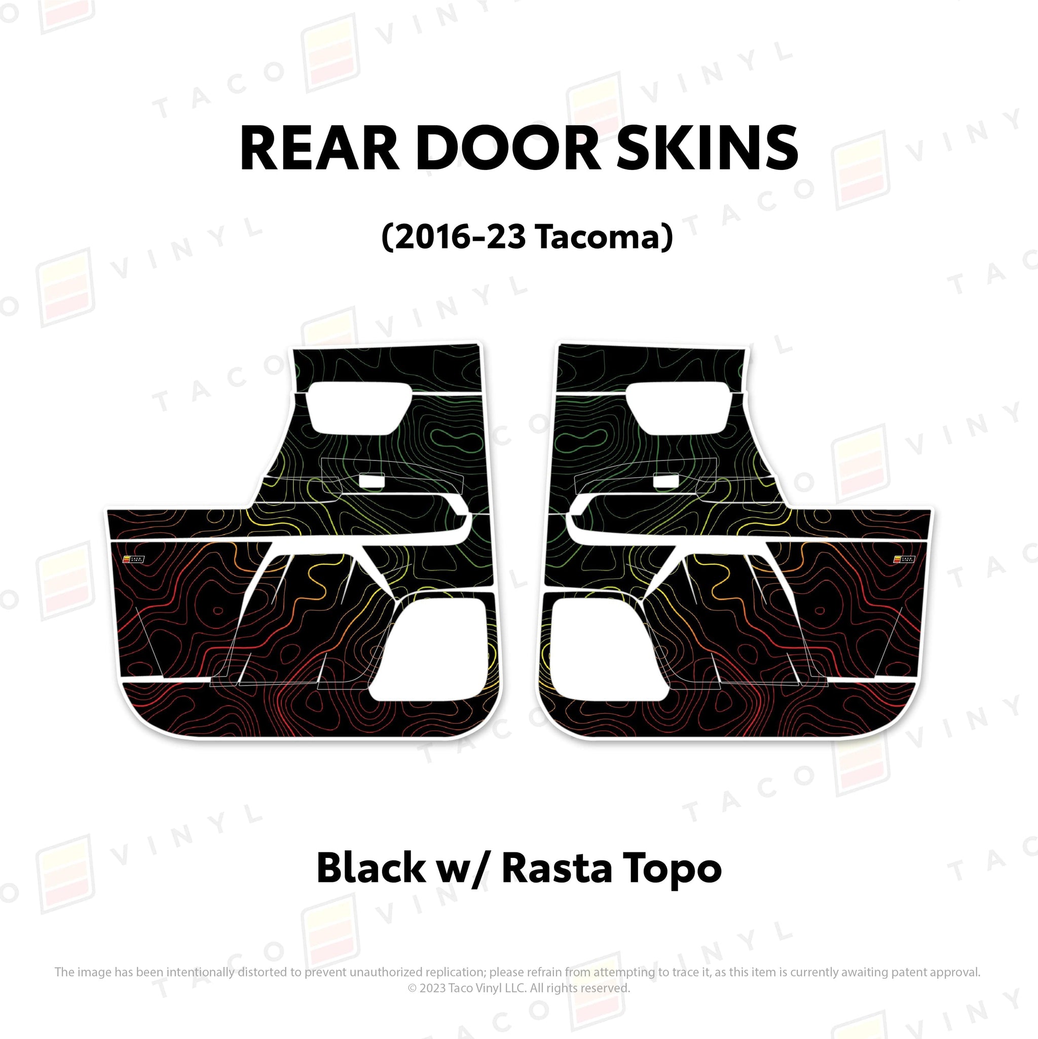 Taco Vinyl Protective Vinyl Rear Driver/Passenger / Black w/Rasta Scheme Topo 2016-23 Tacoma Door Skins