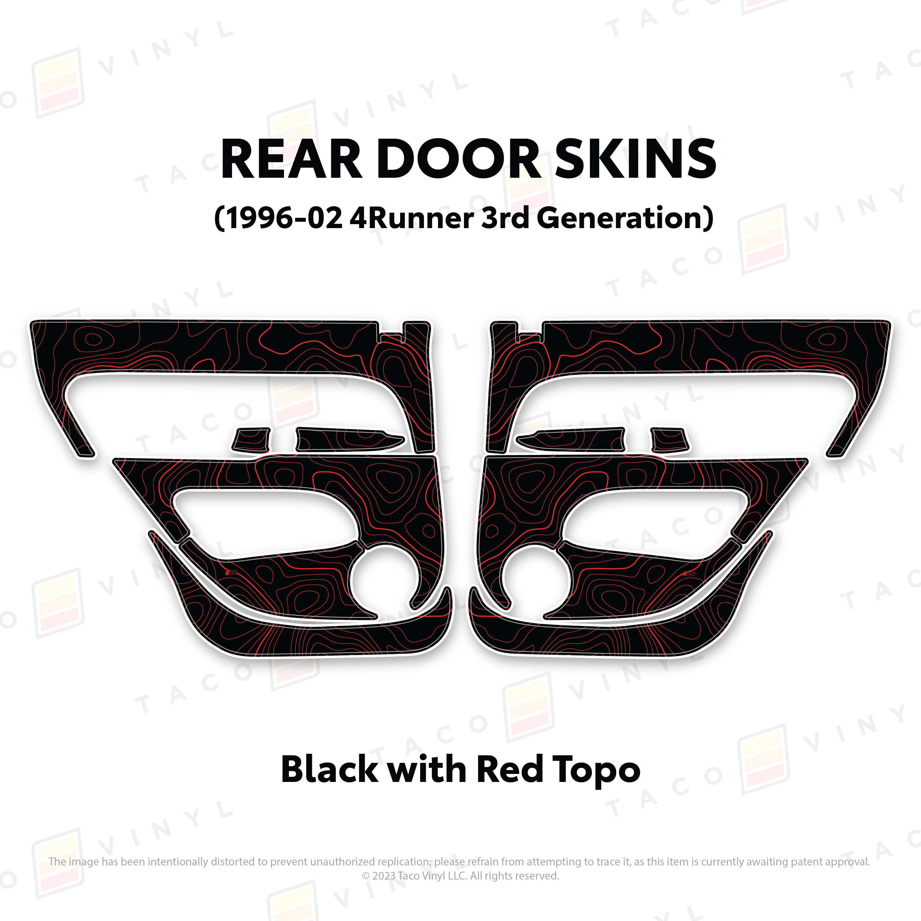Taco Vinyl Protective Vinyl Rear Driver/Passenger / Black w/Red Topo 1996-2002 4Runner Door Skins