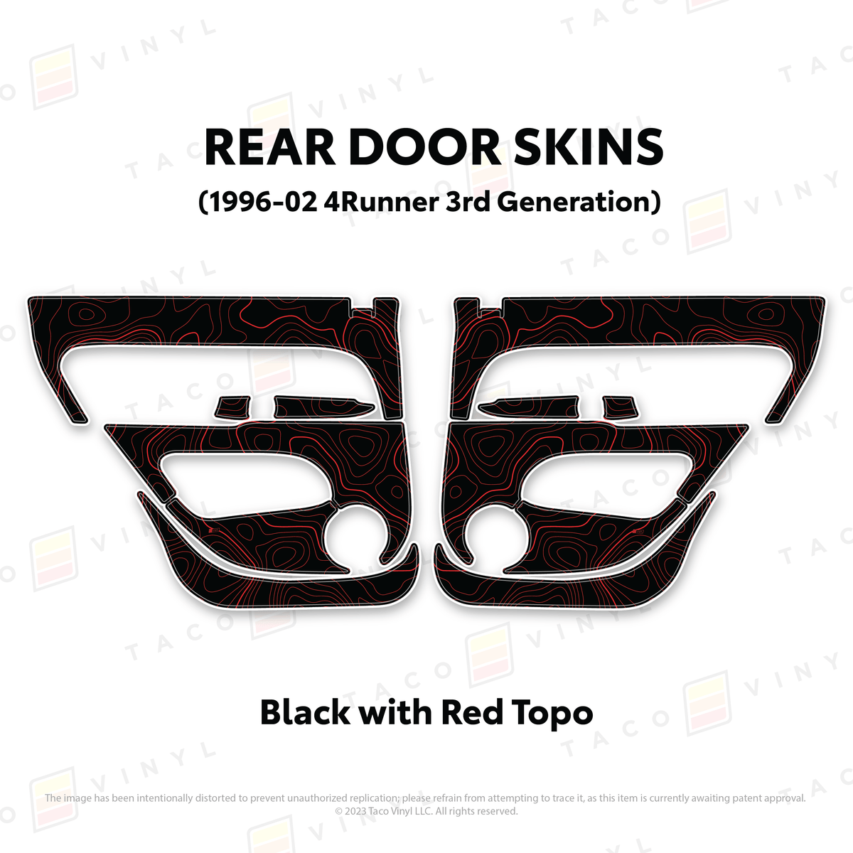 Taco Vinyl Protective Vinyl Rear Driver/Passenger / Black w/Red Topo 1996-2002 4Runner Door Skins