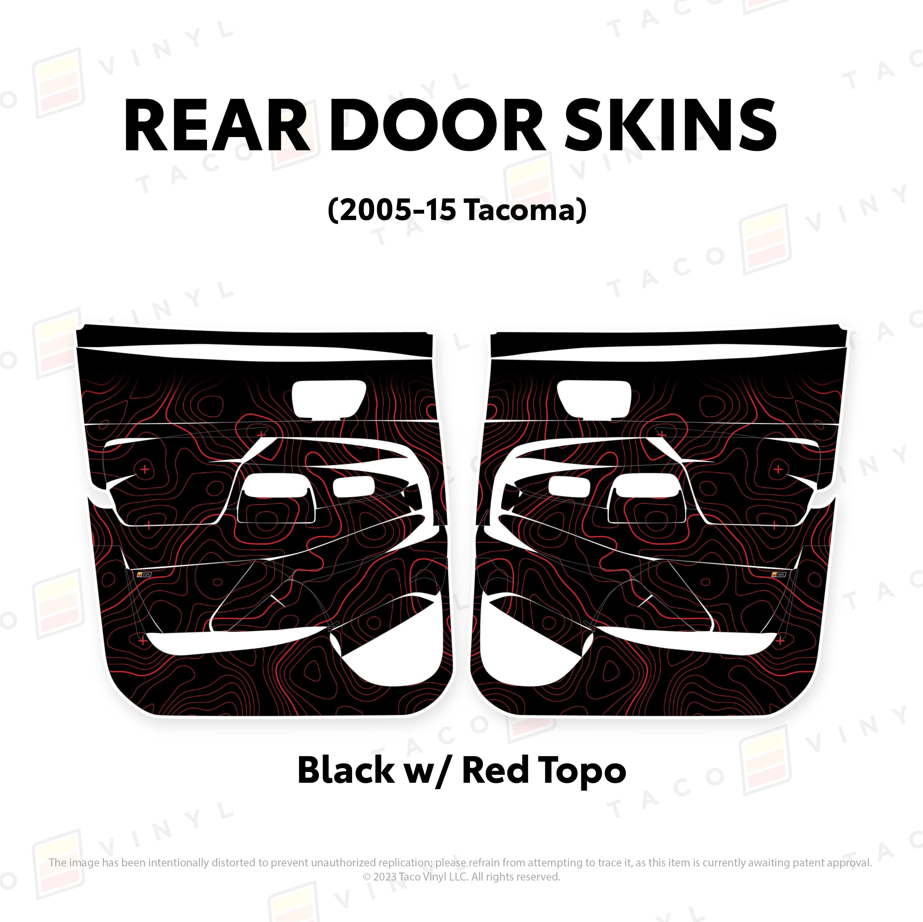 Taco Vinyl Protective Vinyl Rear Driver/Passenger / Black w/Red Topo 2005-15 Tacoma Door Skins