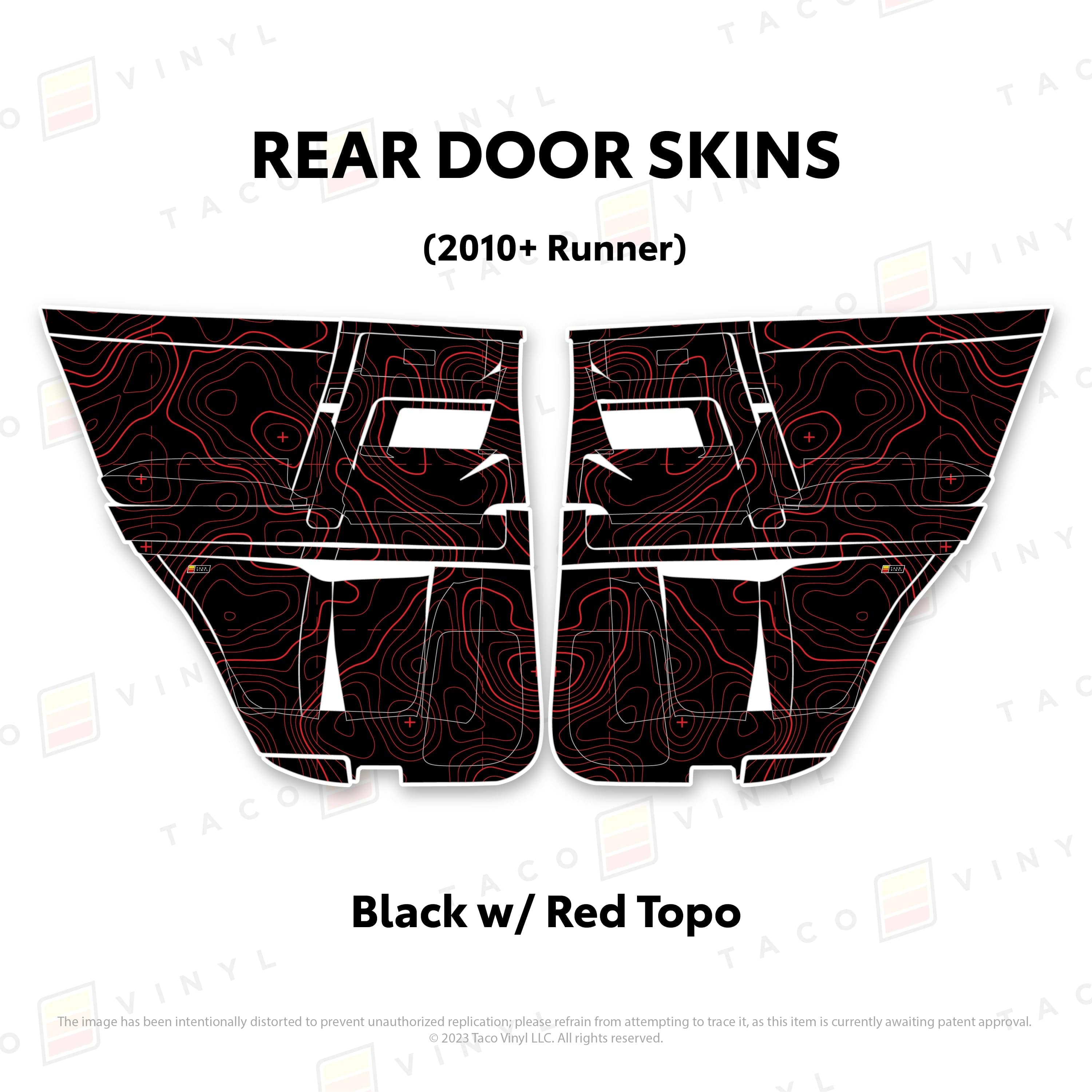 Taco Vinyl Protective Vinyl Rear Driver/Passenger / Black w/Red Topo 2010-24 4Runner Door Skins