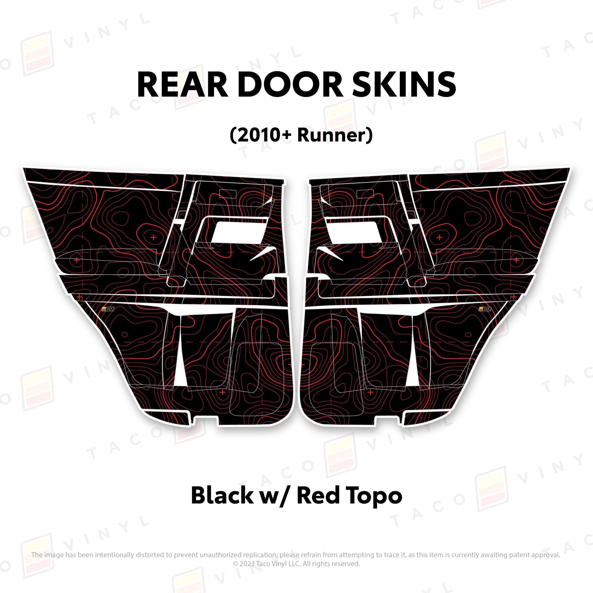 Taco Vinyl Protective Vinyl Rear Driver/Passenger / Black w/Red Topo 2010-24 4Runner Door Skins