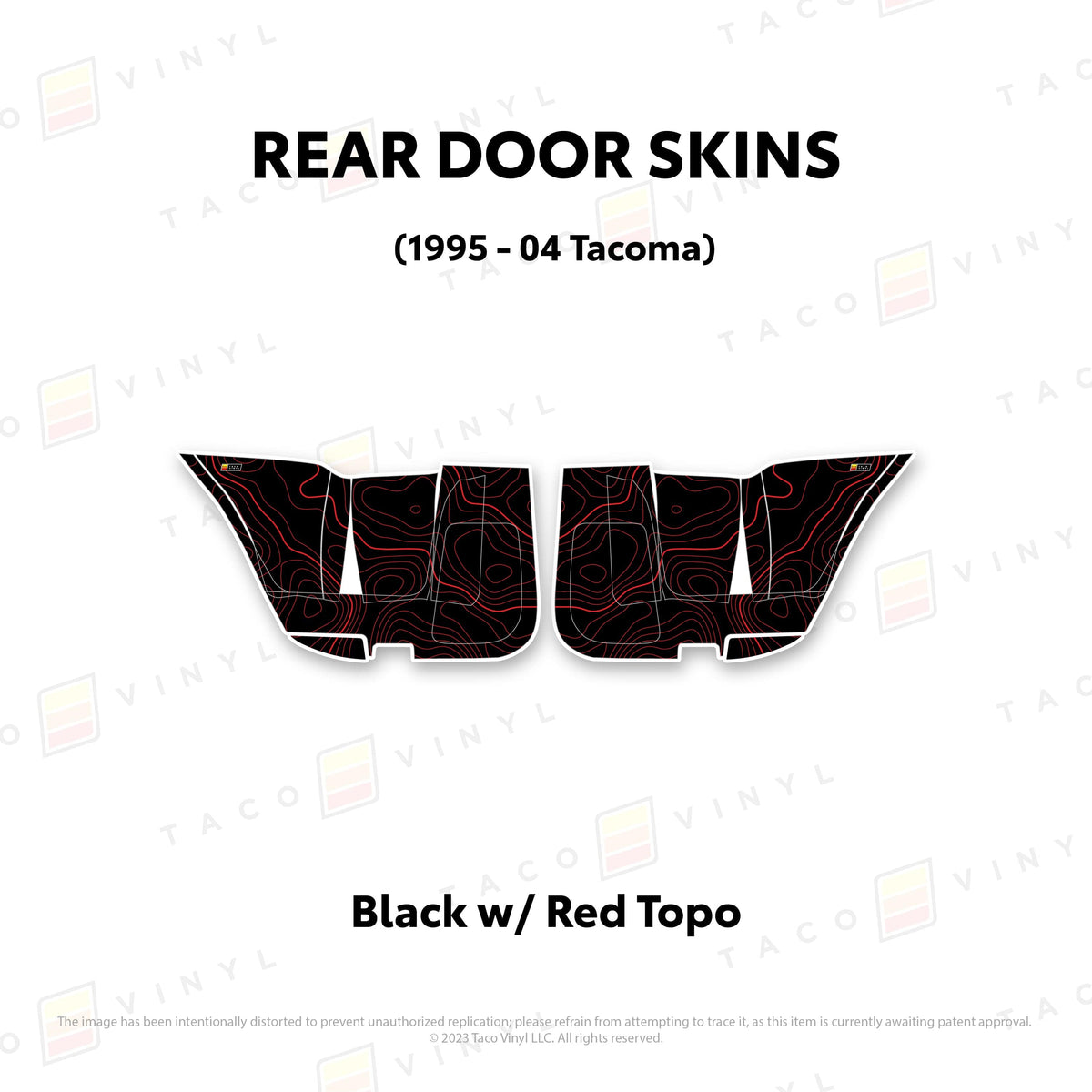 Taco Vinyl Protective Vinyl Rear Driver/Passenger / Black w/Red Topo 2010-24 4Runner Door Skins (Lower Section)