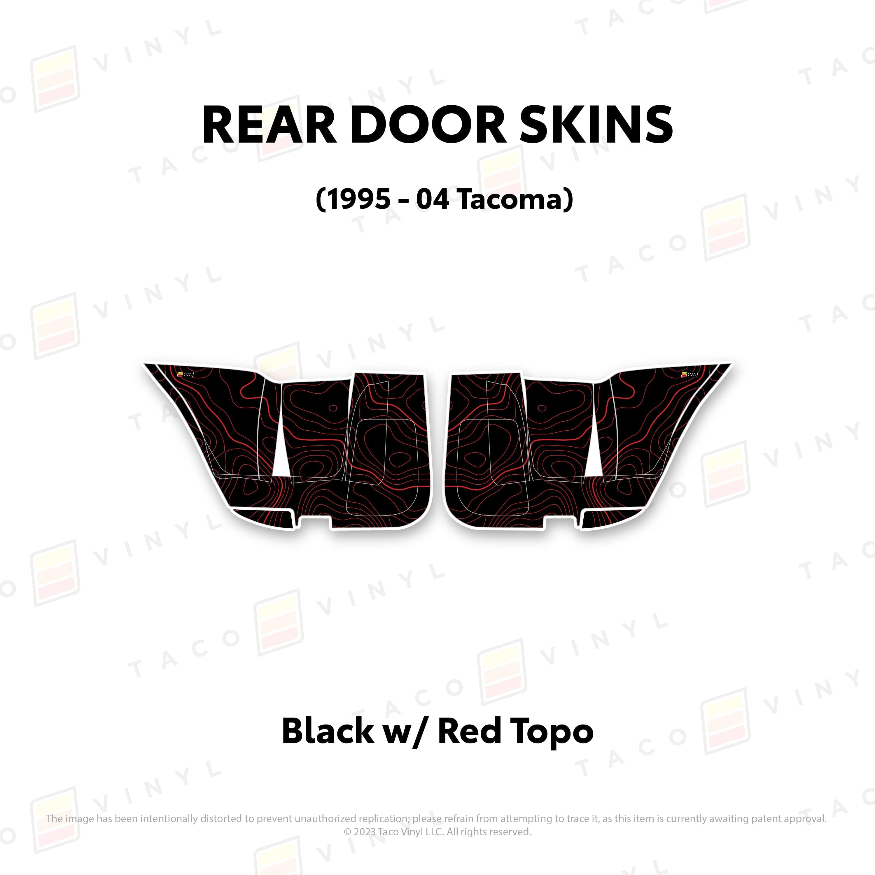 Taco Vinyl Protective Vinyl Rear Driver/Passenger / Black w/Red Topo 2010-24 4Runner Door Skins (Lower Section)