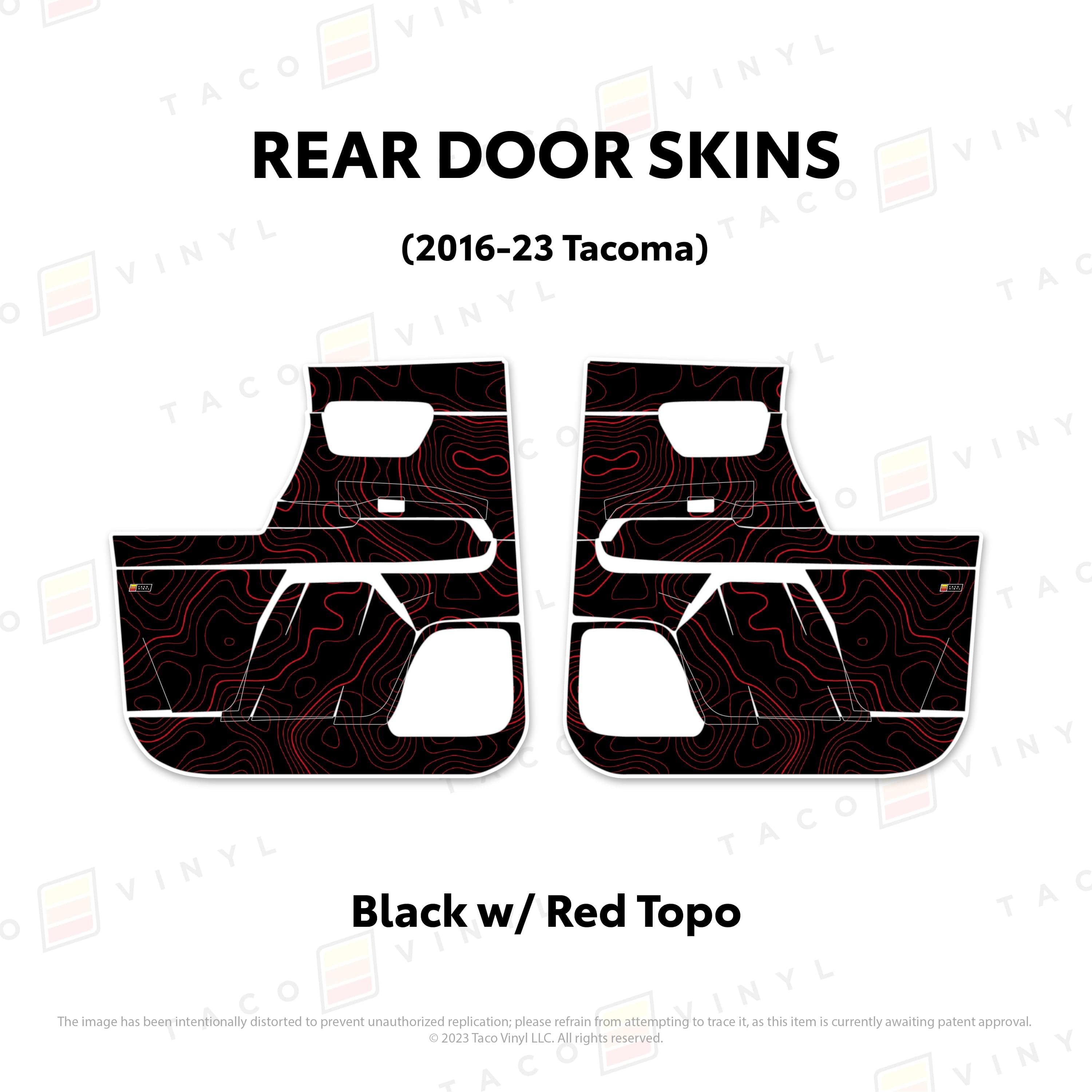 Taco Vinyl Protective Vinyl Rear Driver/Passenger / Black w/Red Topo 2016-23 Tacoma Door Skins