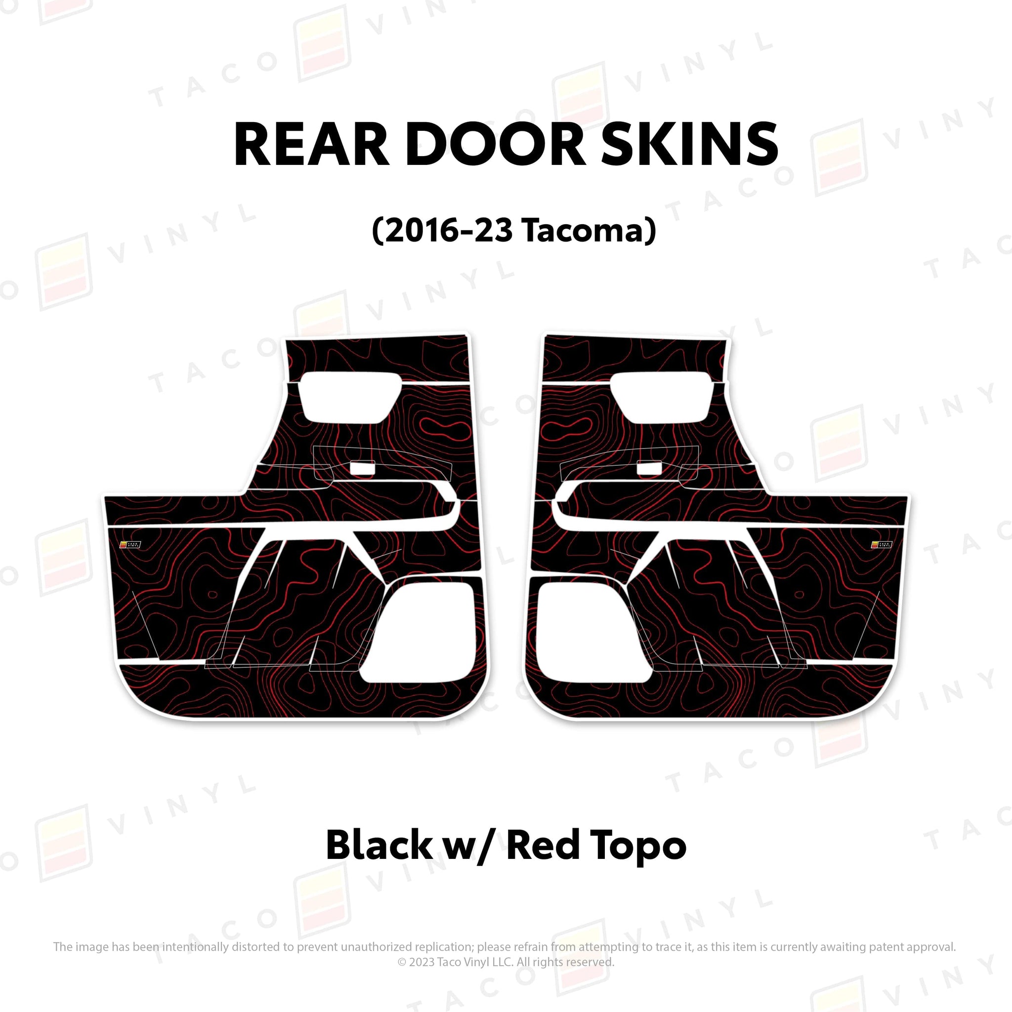 Taco Vinyl Protective Vinyl Rear Driver/Passenger / Black w/Red Topo 2016-23 Tacoma Door Skins