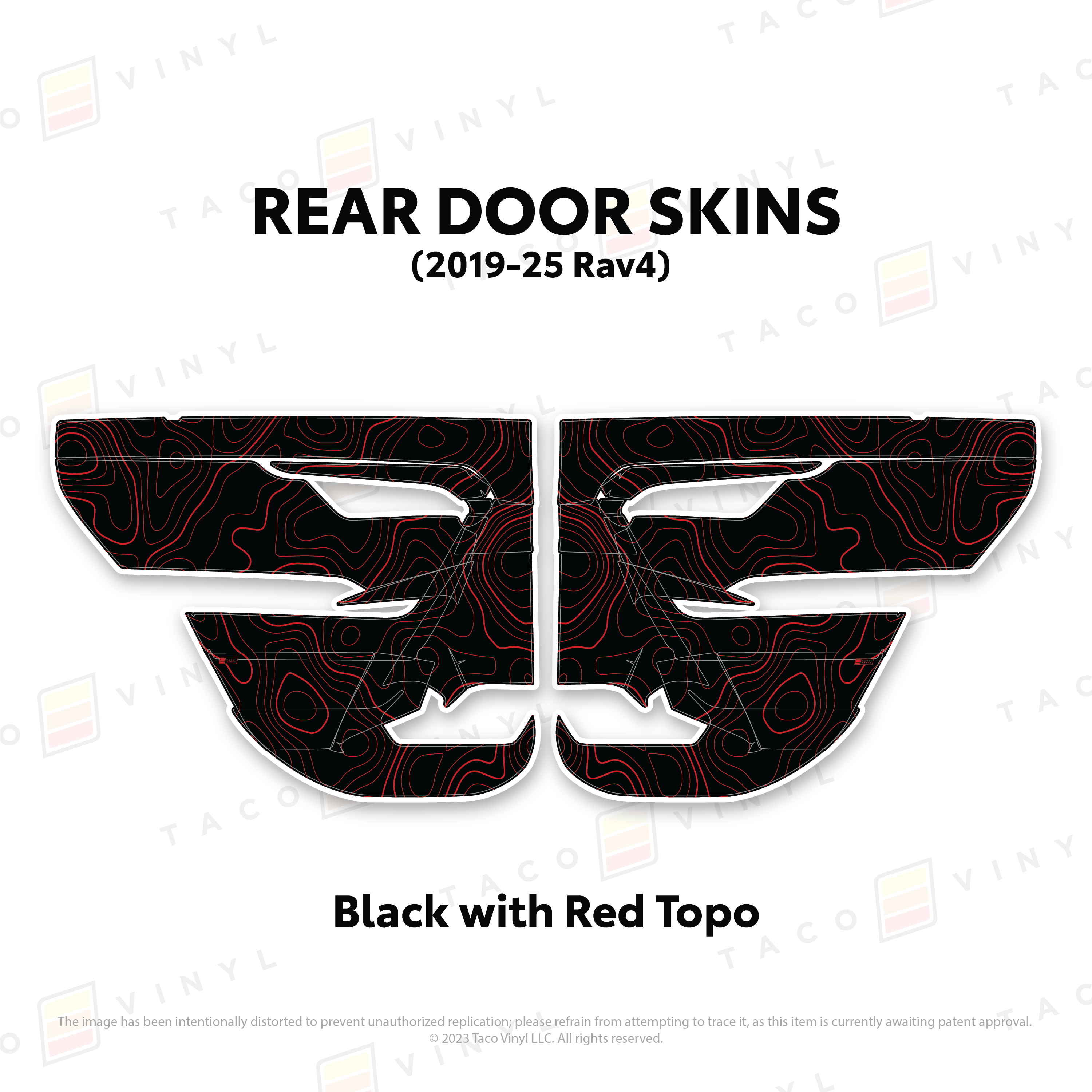Taco Vinyl Protective Vinyl Rear Driver/Passenger / Black w/Red Topo 2019-25 Rav4 Door Skins