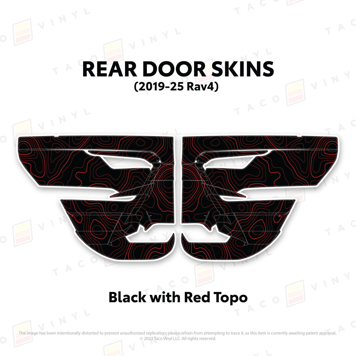 Taco Vinyl Protective Vinyl Rear Driver/Passenger / Black w/Red Topo 2019-25 Rav4 Door Skins