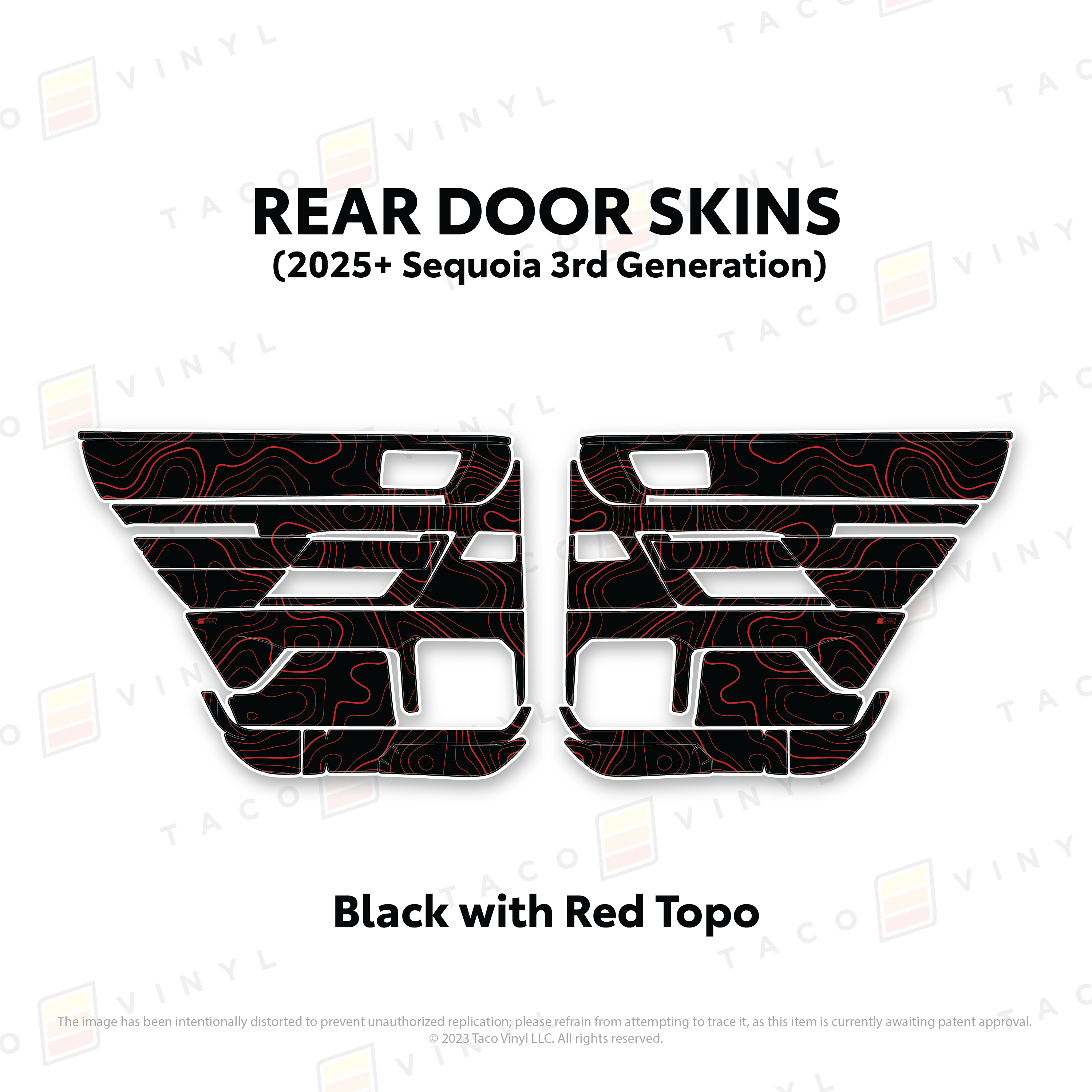 Taco Vinyl Protective Vinyl Rear Driver/Passenger / Black w/Red Topo 2023+ Sequoia Door Skins