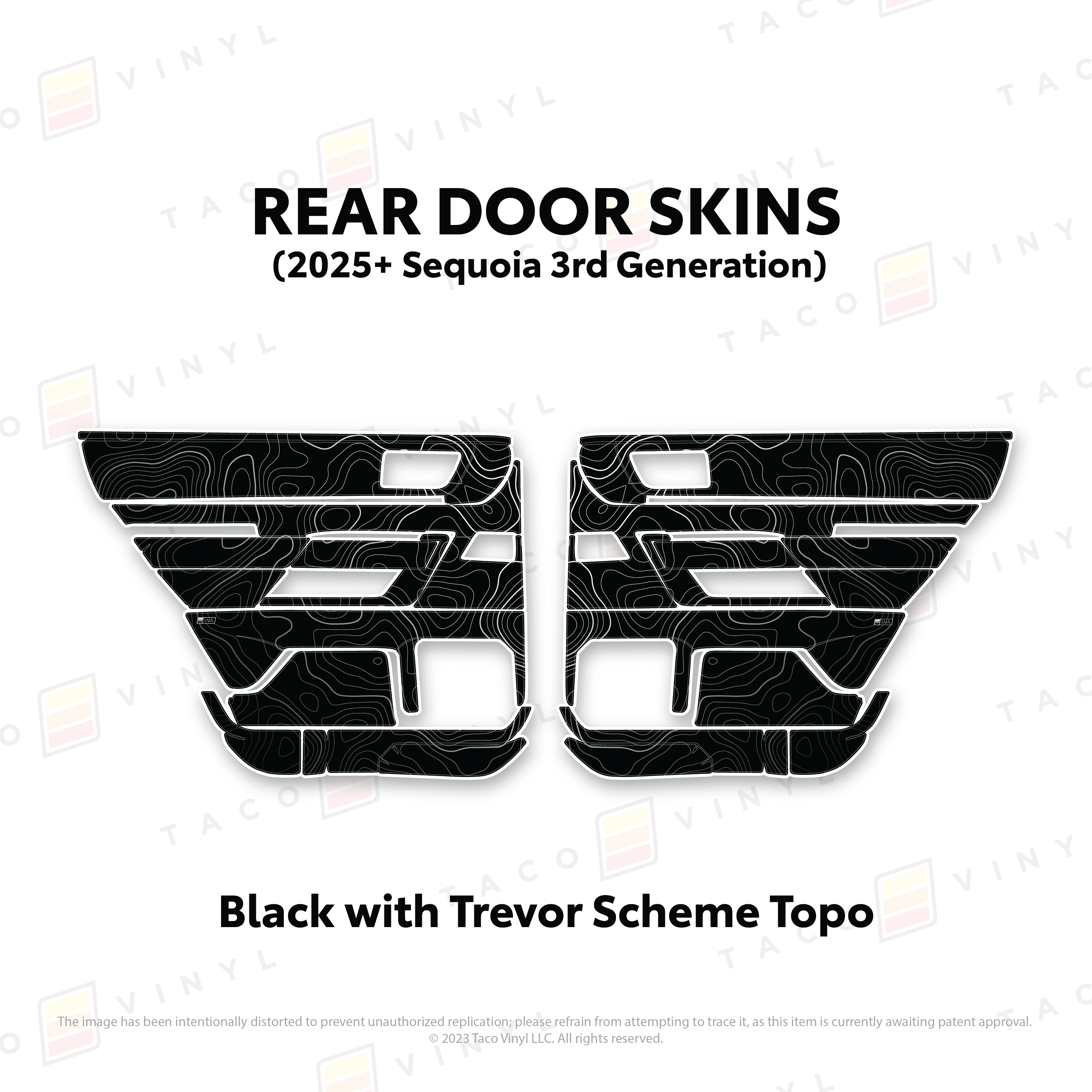 Taco Vinyl Protective Vinyl Rear Driver/Passenger / Black w/Trevor Scheme Topo 2023+ Sequoia Door Skins