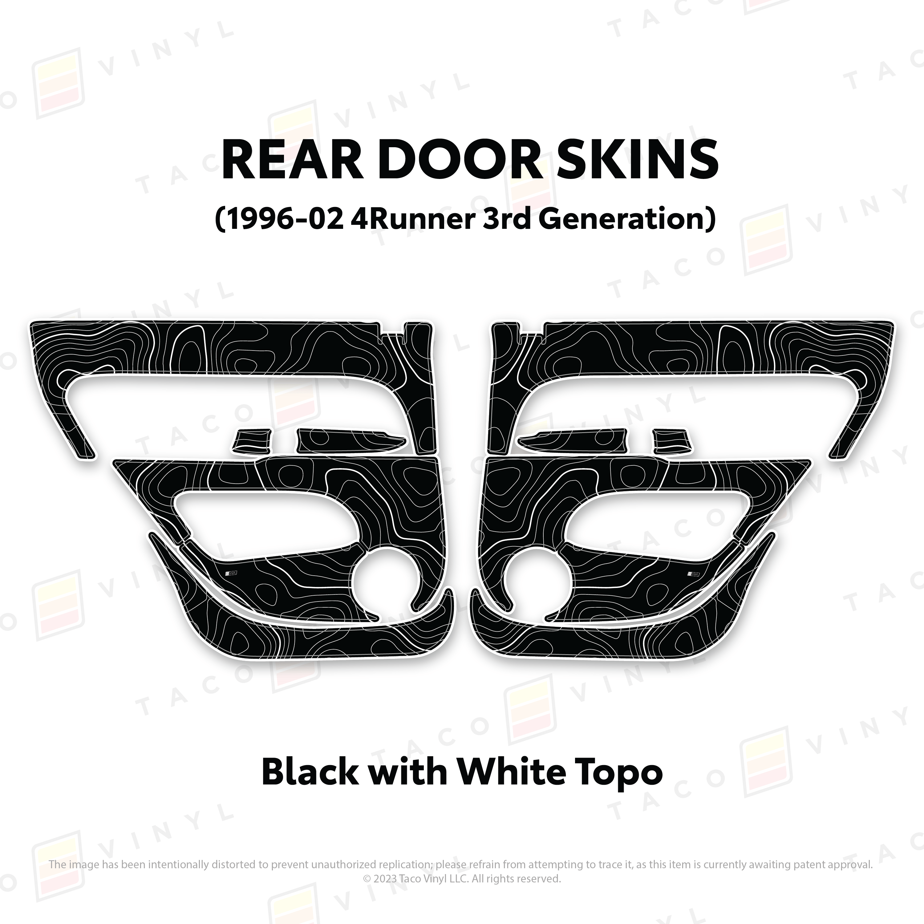 Taco Vinyl Protective Vinyl Rear Driver/Passenger / Black w/White Topo 1996-2002 4Runner Door Skins