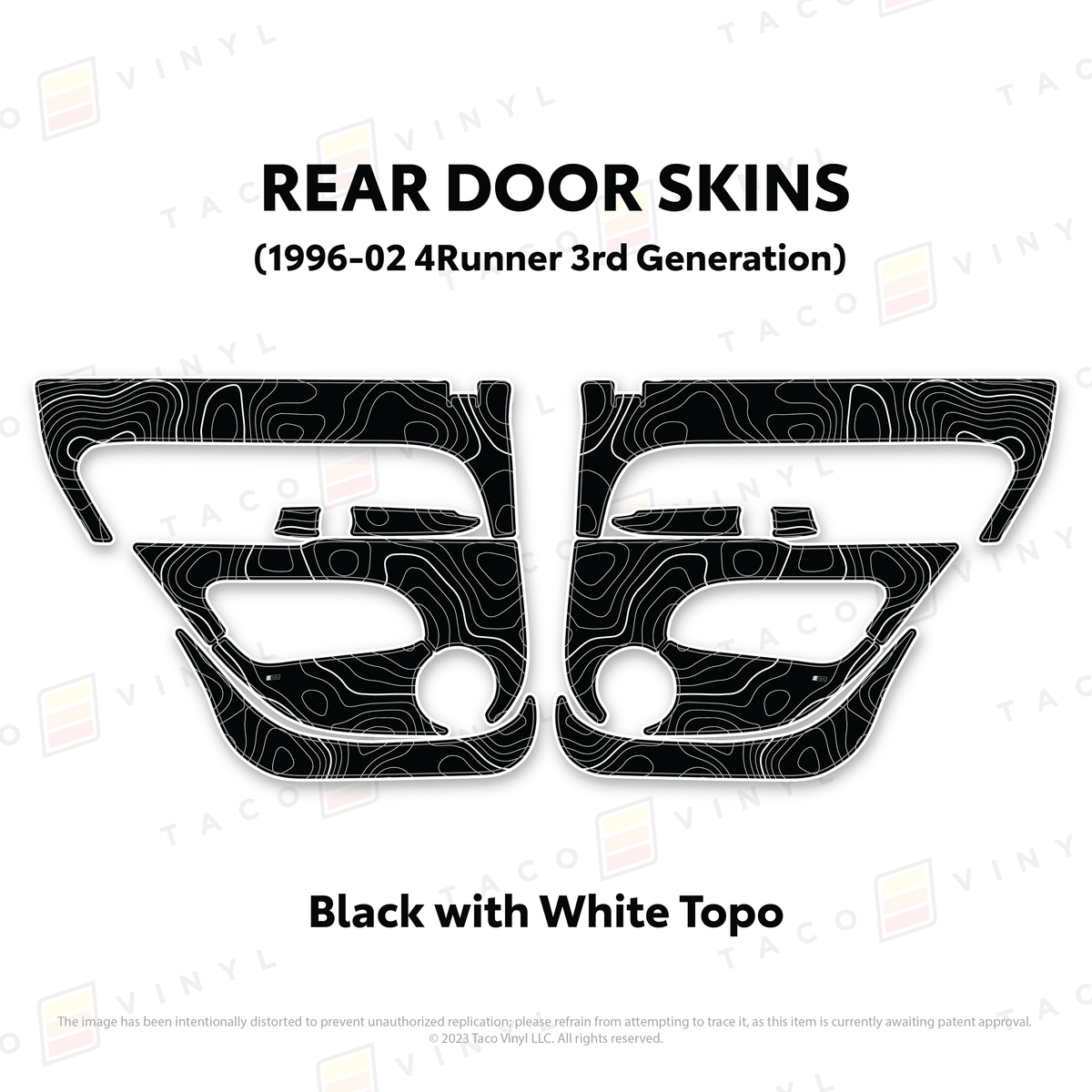 Taco Vinyl Protective Vinyl Rear Driver/Passenger / Black w/White Topo 1996-2002 4Runner Door Skins