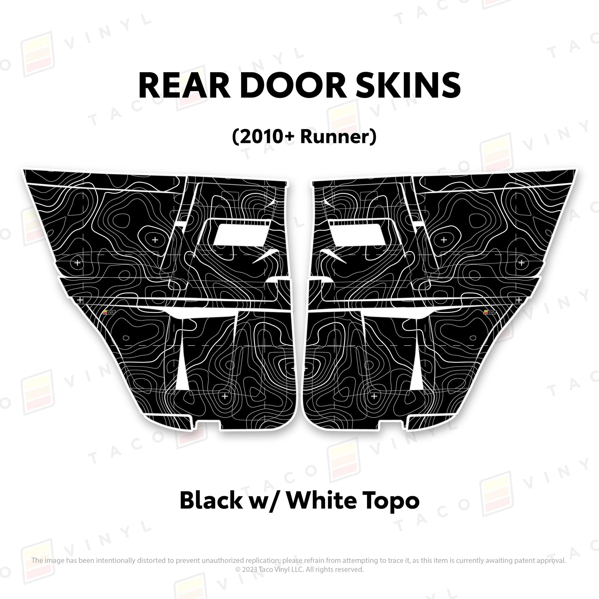 Taco Vinyl Protective Vinyl Rear Driver/Passenger / Black w/ White Topo 2010-24 4Runner Door Skins