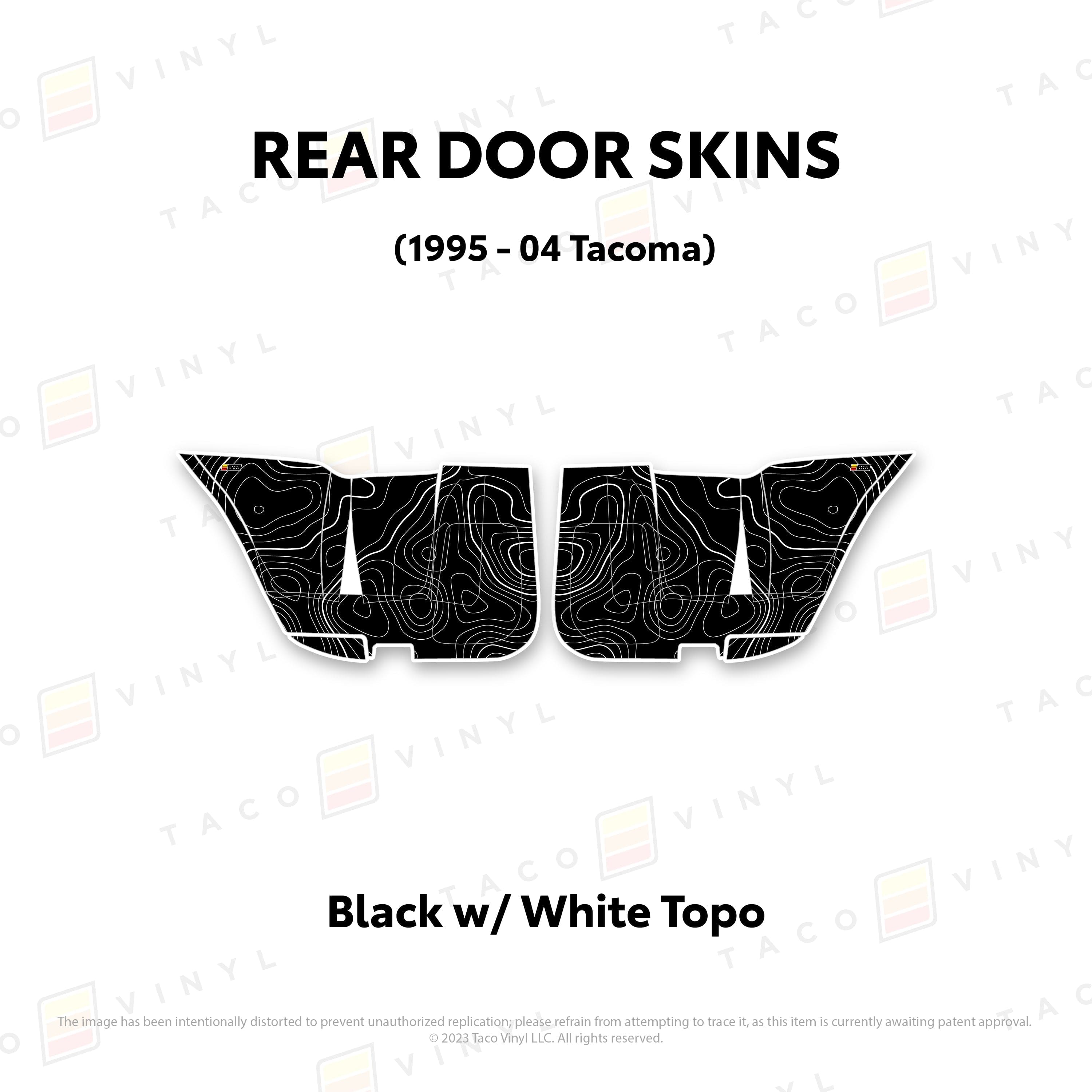 Taco Vinyl Protective Vinyl Rear Driver/Passenger / Black w/ White Topo 2010-24 4Runner Door Skins (Lower Section)