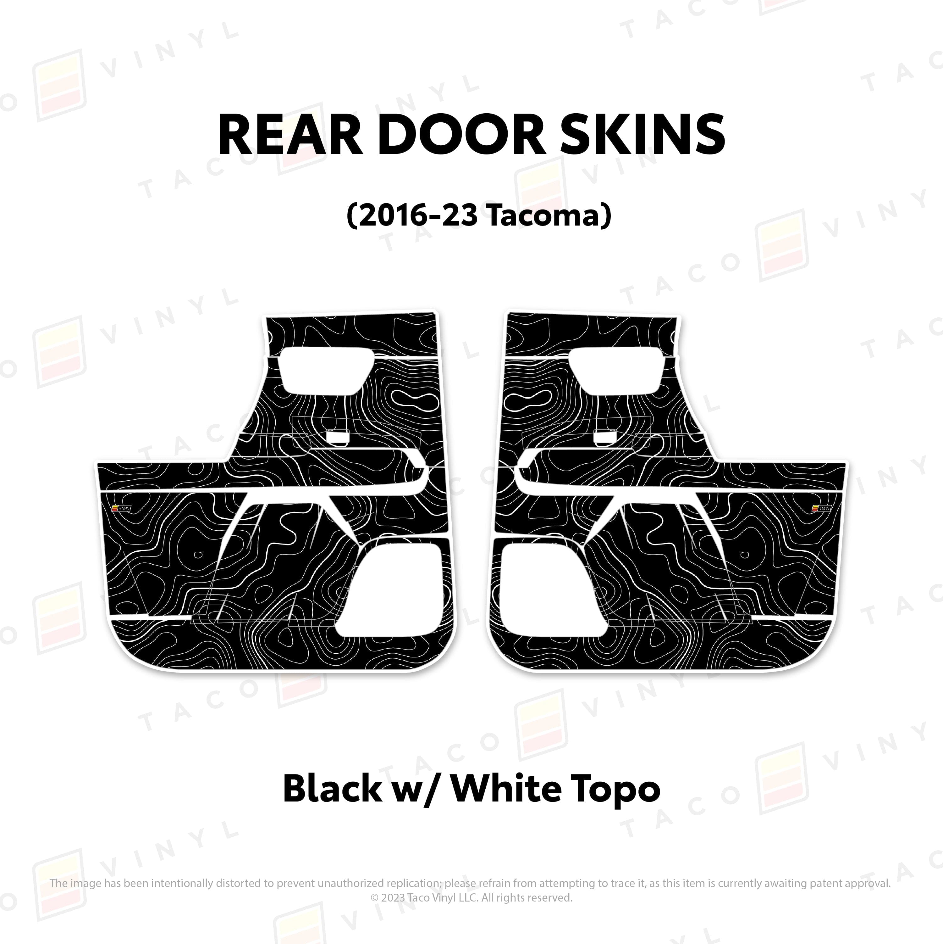 Taco Vinyl Protective Vinyl Rear Driver/Passenger / Black w/ White Topo 2016-23 Tacoma Door Skins