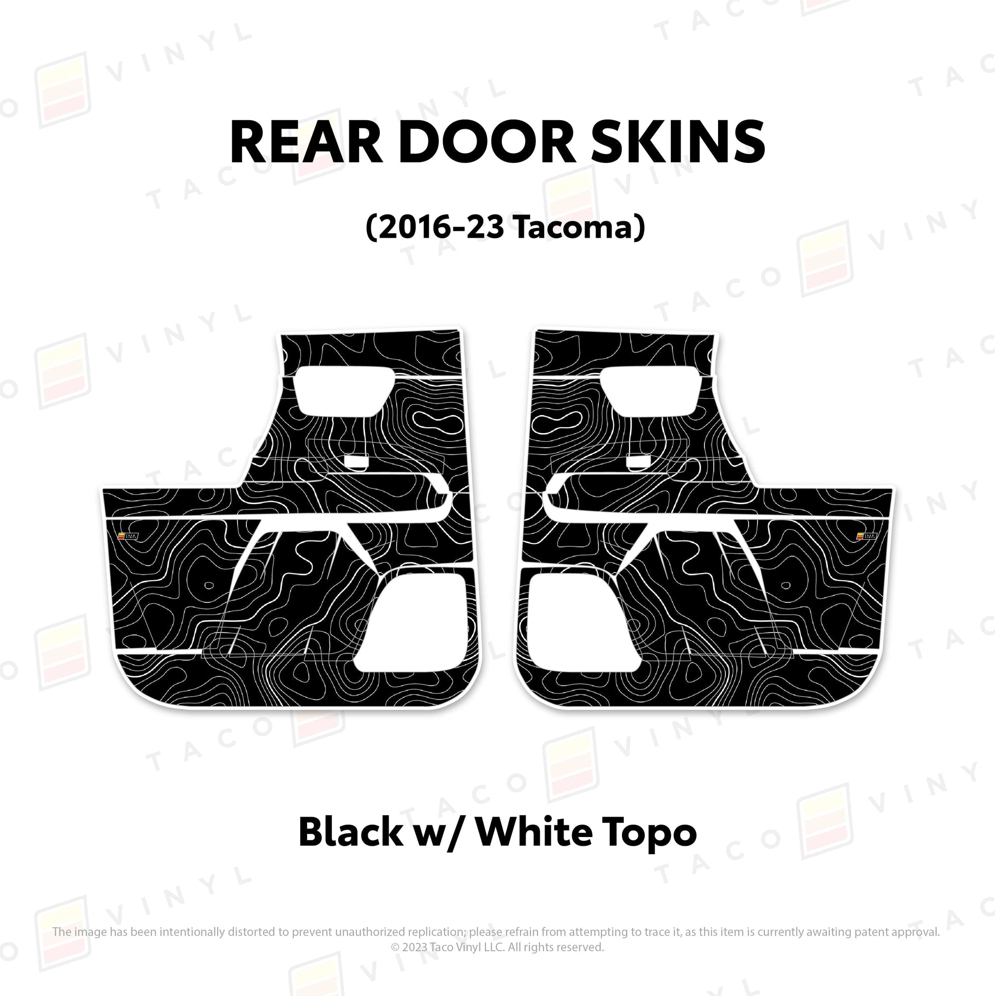 Taco Vinyl Protective Vinyl Rear Driver/Passenger / Black w/ White Topo 2016-23 Tacoma Door Skins