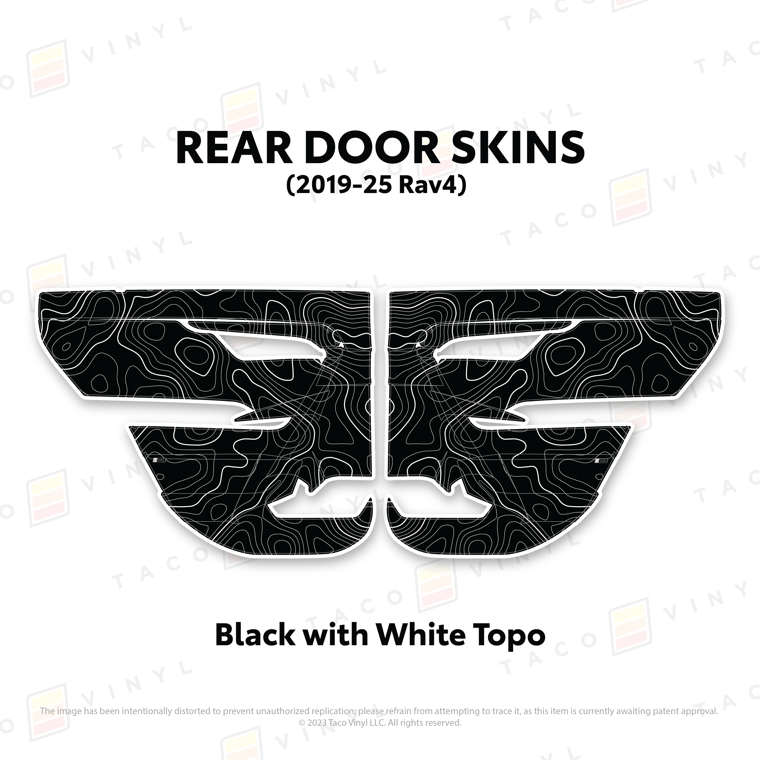 Taco Vinyl Protective Vinyl Rear Driver/Passenger / Black w/White Topo 2019-25 Rav4 Door Skins