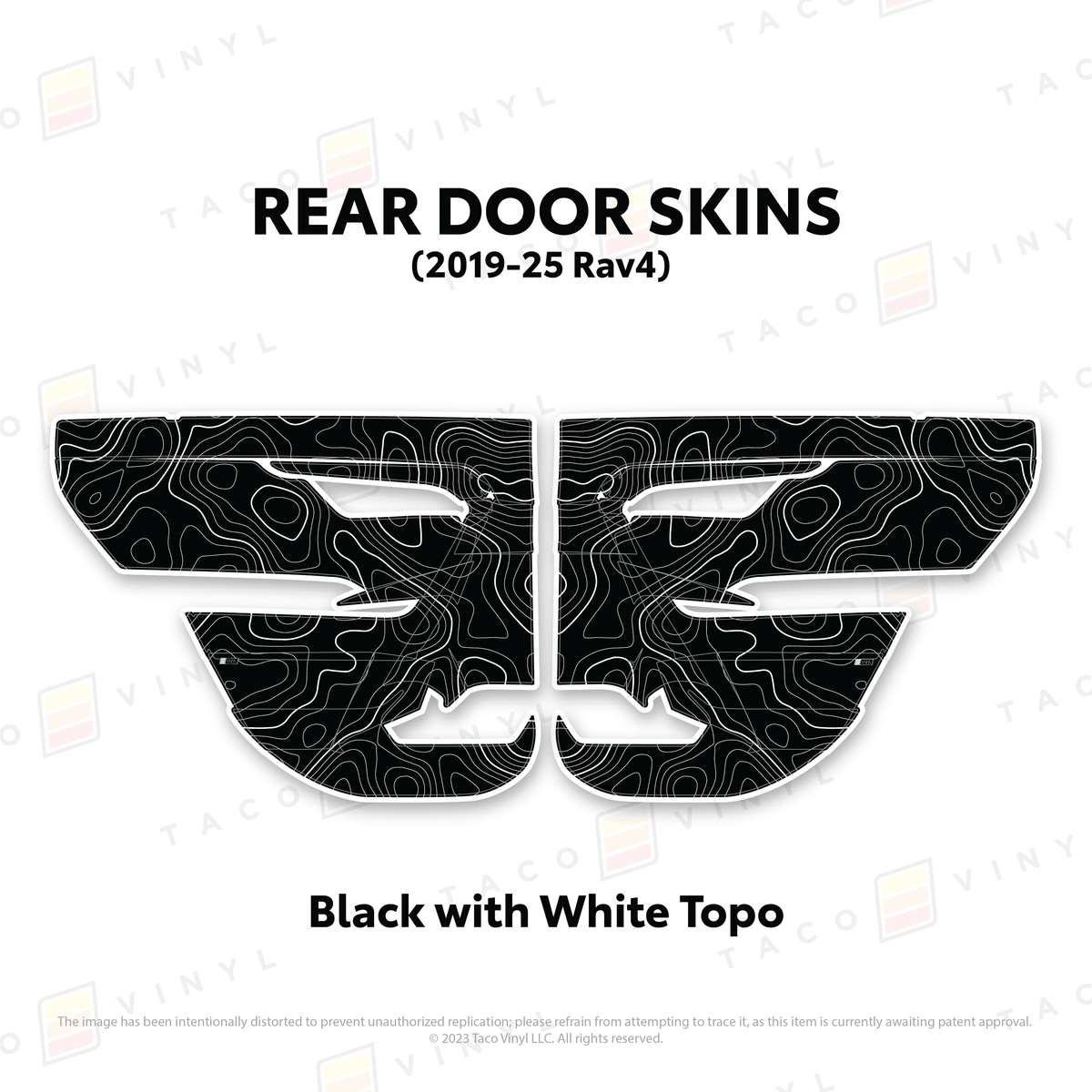 Taco Vinyl Protective Vinyl Rear Driver/Passenger / Black w/White Topo 2019-25 Rav4 Door Skins
