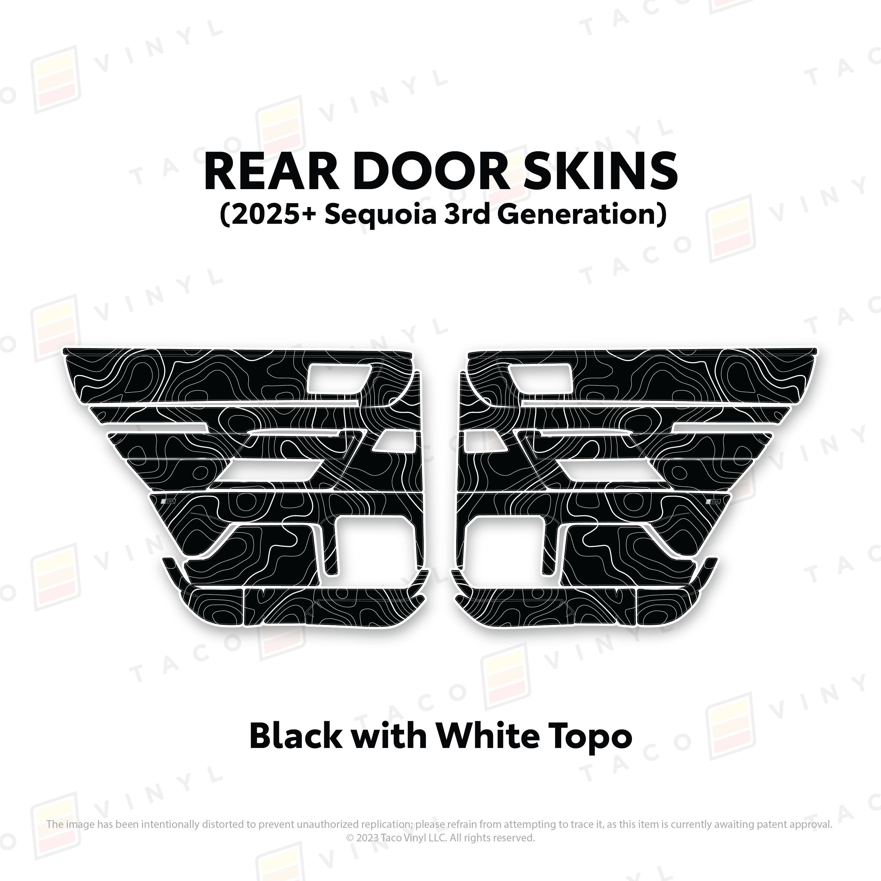 Taco Vinyl Protective Vinyl Rear Driver/Passenger / Black w/White Topo 2023+ Sequoia Door Skins