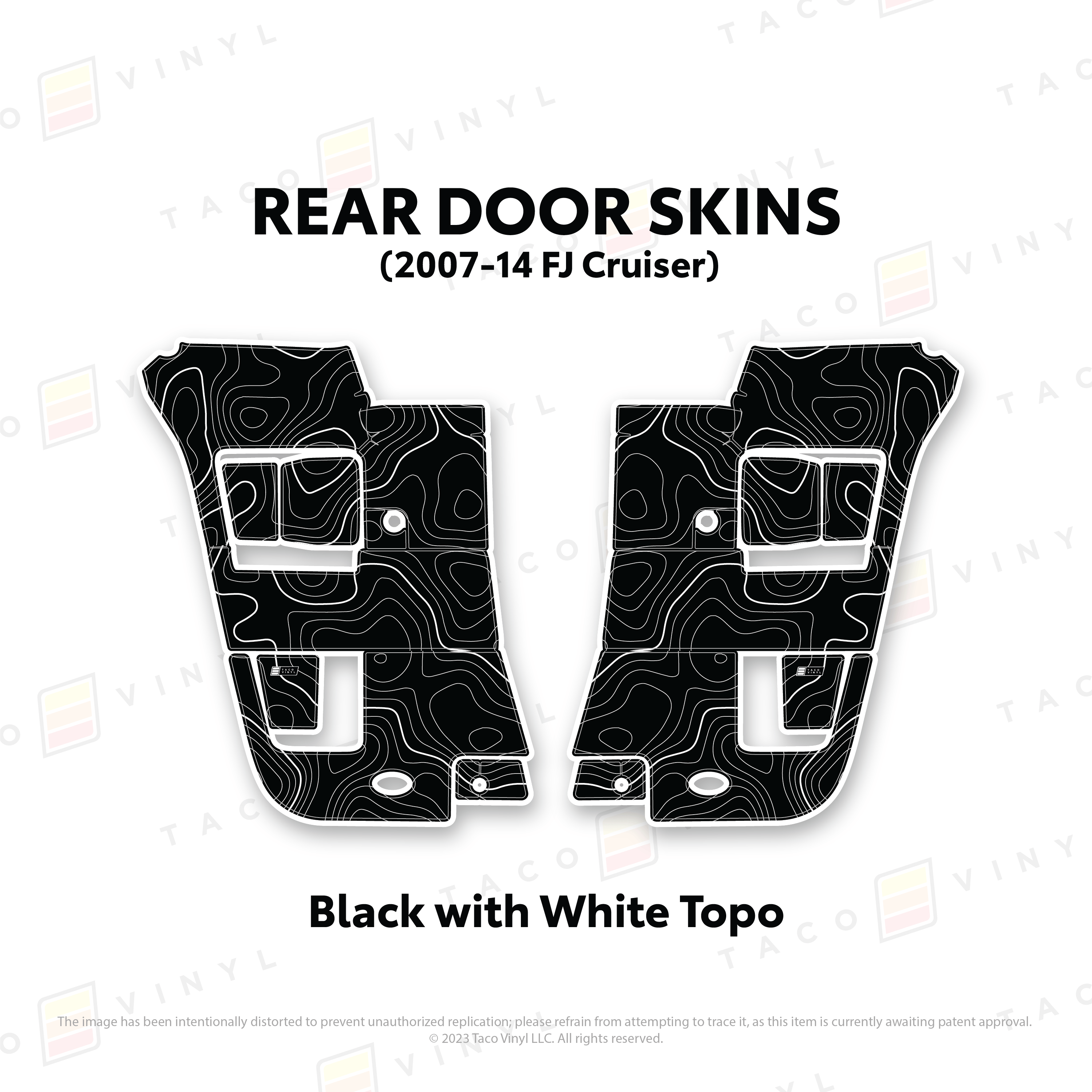Taco Vinyl Protective Vinyl Rear Driver/Passenger / Black w/ White Topo FJ Cruiser Door Skins