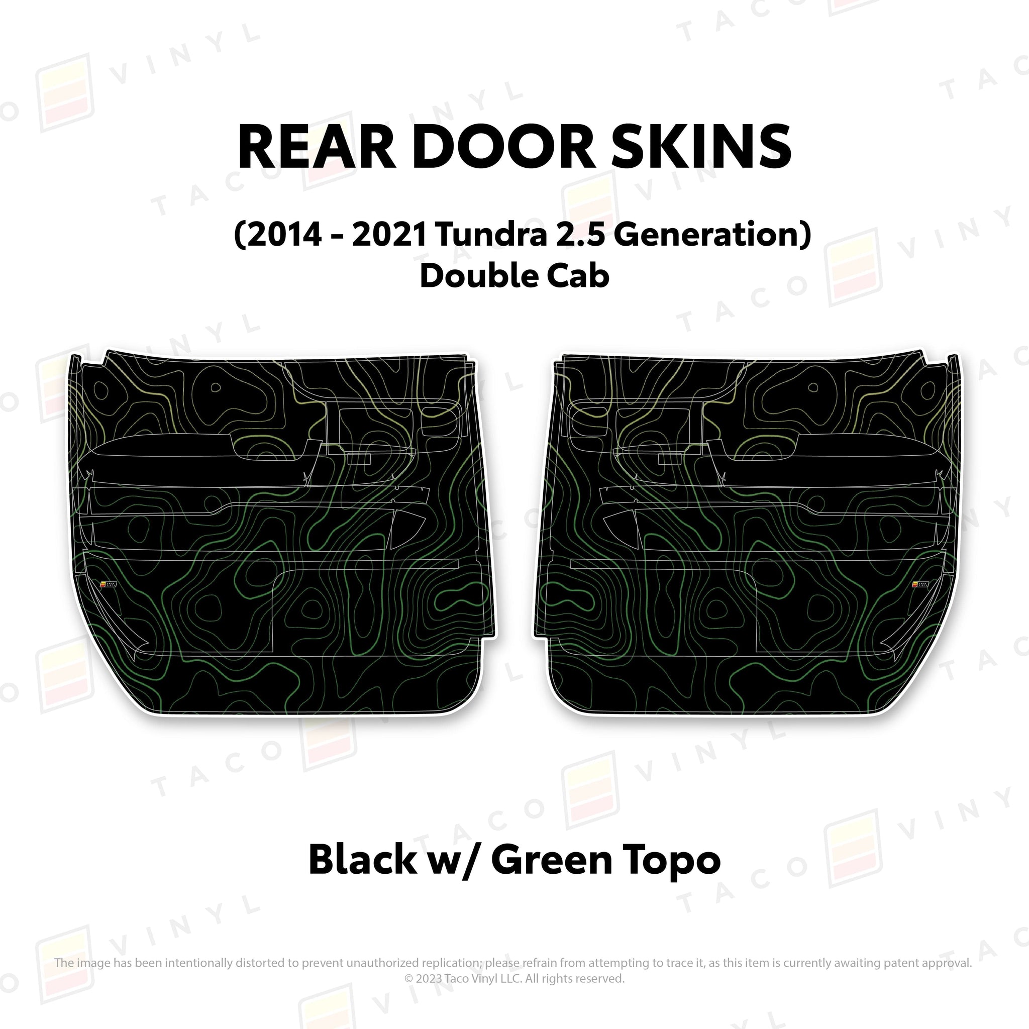 Taco Vinyl Protective Vinyl Rear Driver/Passenger Crewmax / Black w/Green Scheme Topo 2014 - 2021 Tundra Door Skins