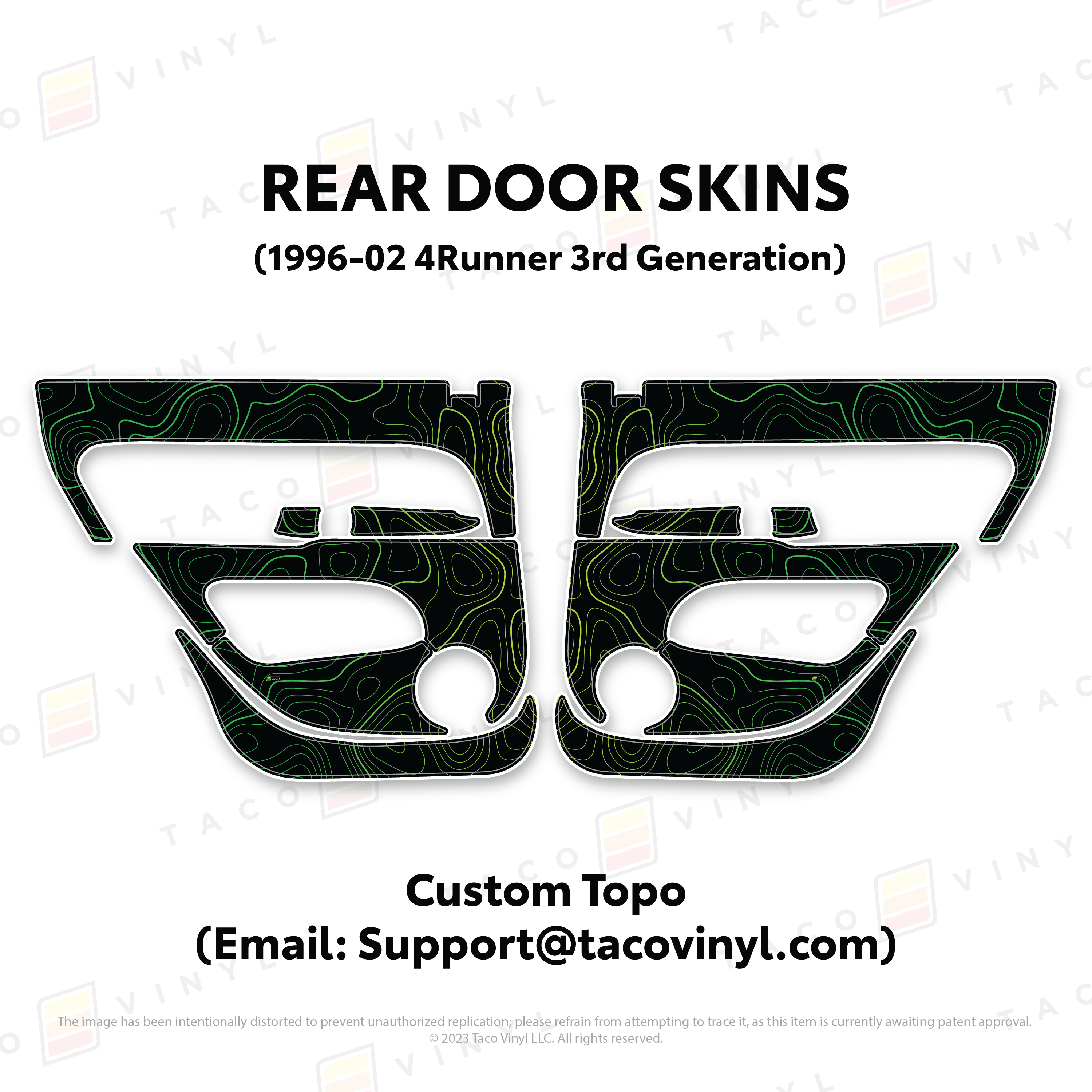 Taco Vinyl Protective Vinyl Rear Driver/Passenger / Custom Color (Topo Only - Email Support@tacovinyl.com) 1996-2002 4Runner Door Skins