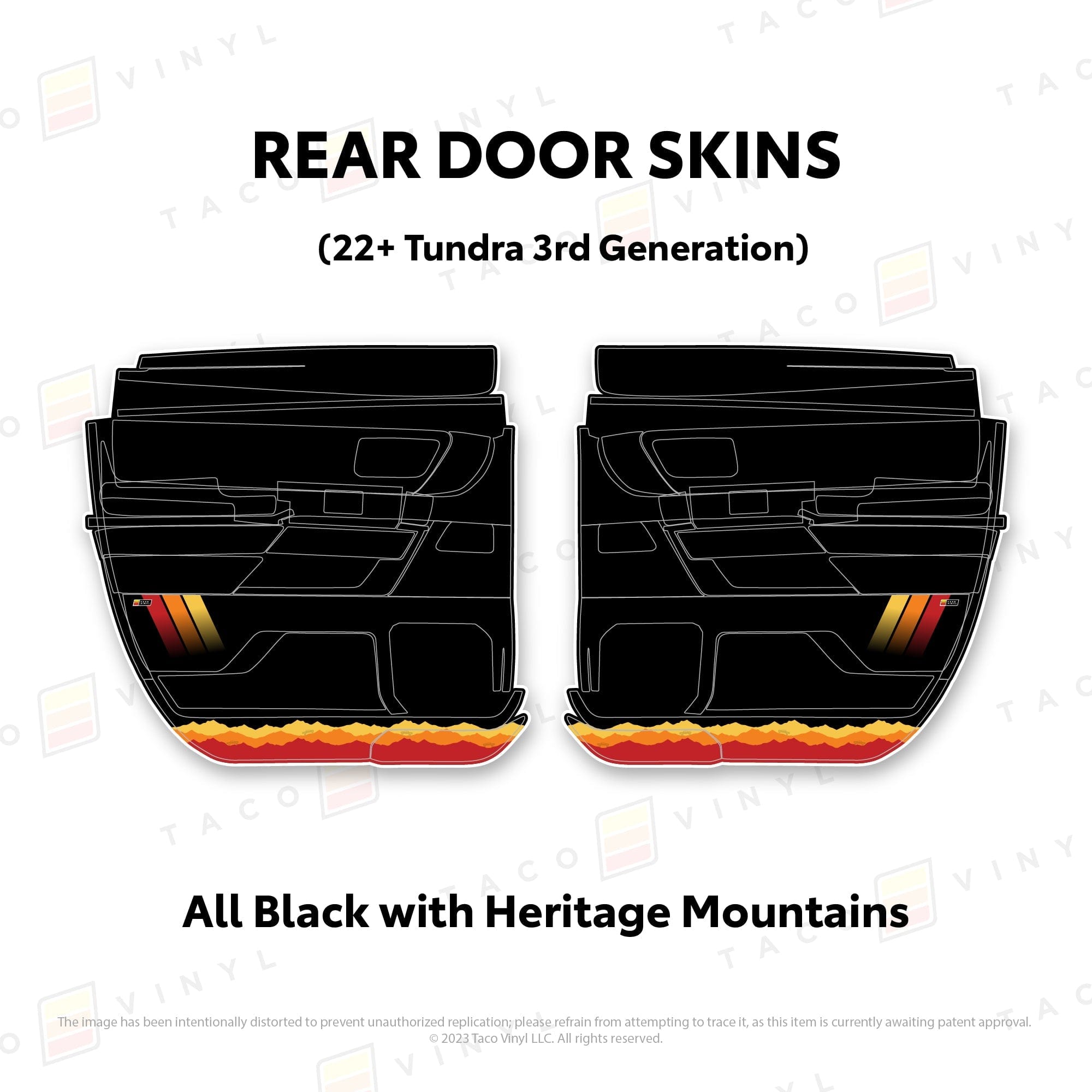 Taco Vinyl Protective Vinyl Rear Driver/Passenger Double Cab / All Black w/ Heritage Mountains 2022+ Tundra Door Skins