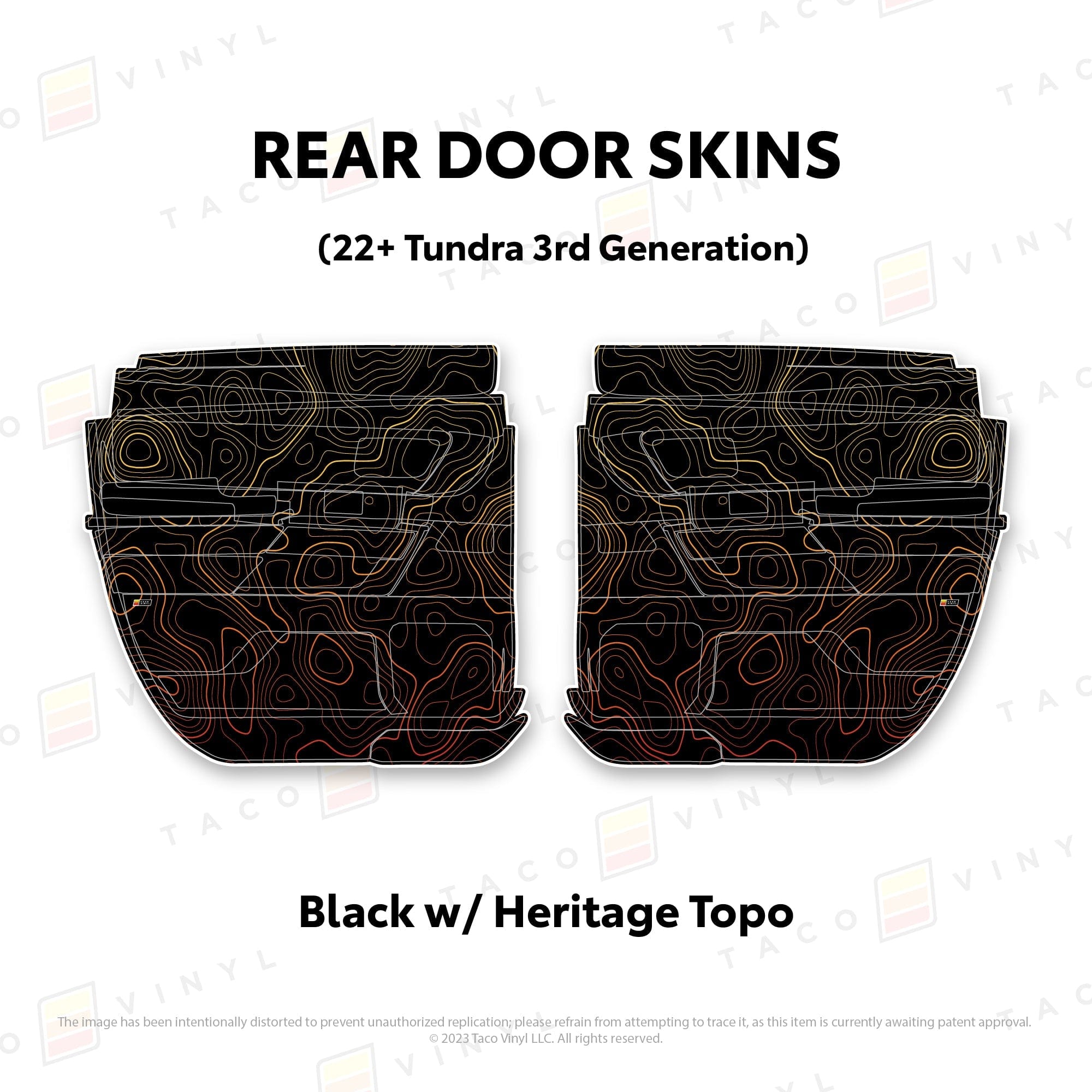 Taco Vinyl Protective Vinyl Rear Driver/Passenger Double Cab / Black w/ Heritage Topo 2022+ Tundra Door Skins