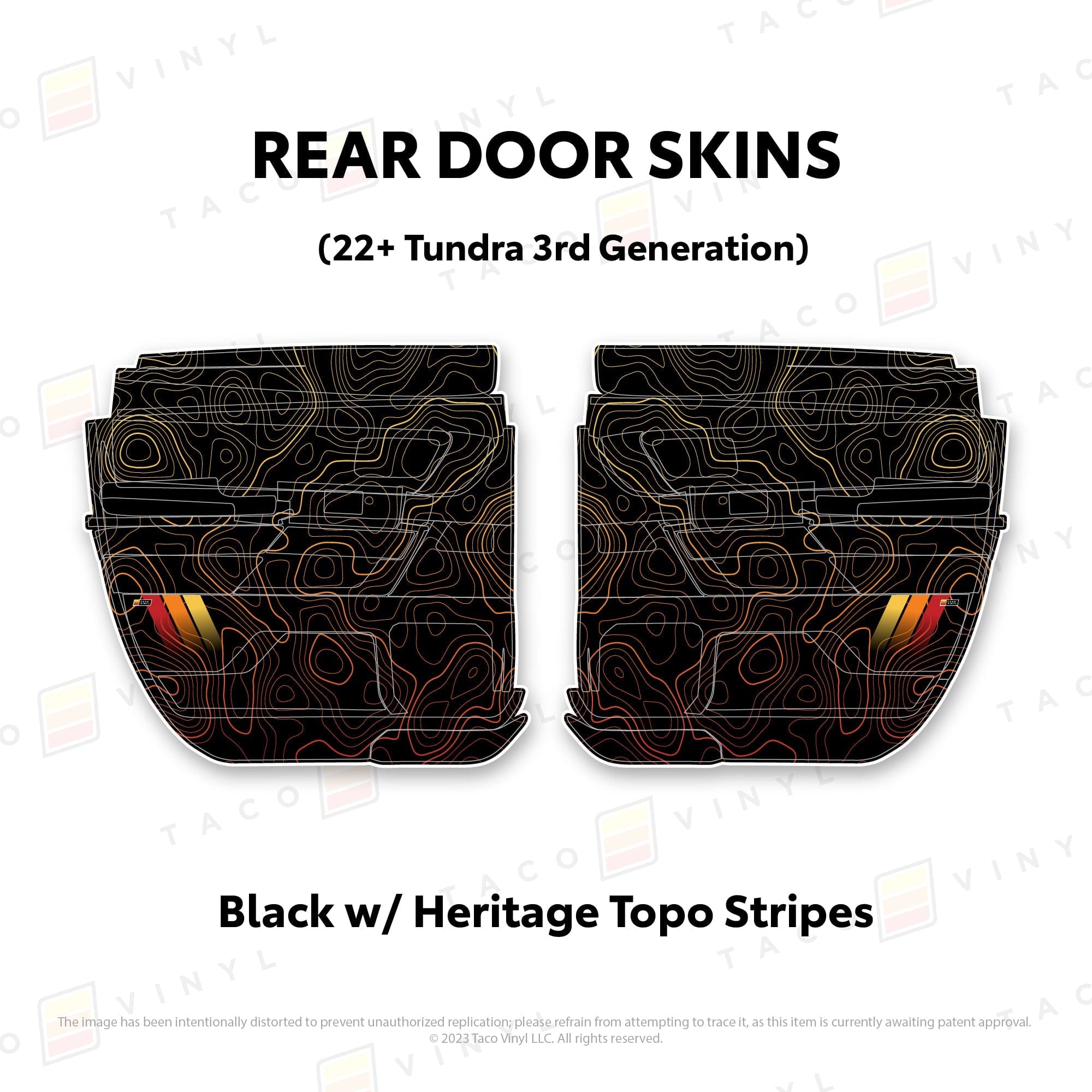 Taco Vinyl Protective Vinyl Rear Driver/Passenger Double Cab / Black w/ Heritage Topo/stripes 2022+ Tundra Door Skins