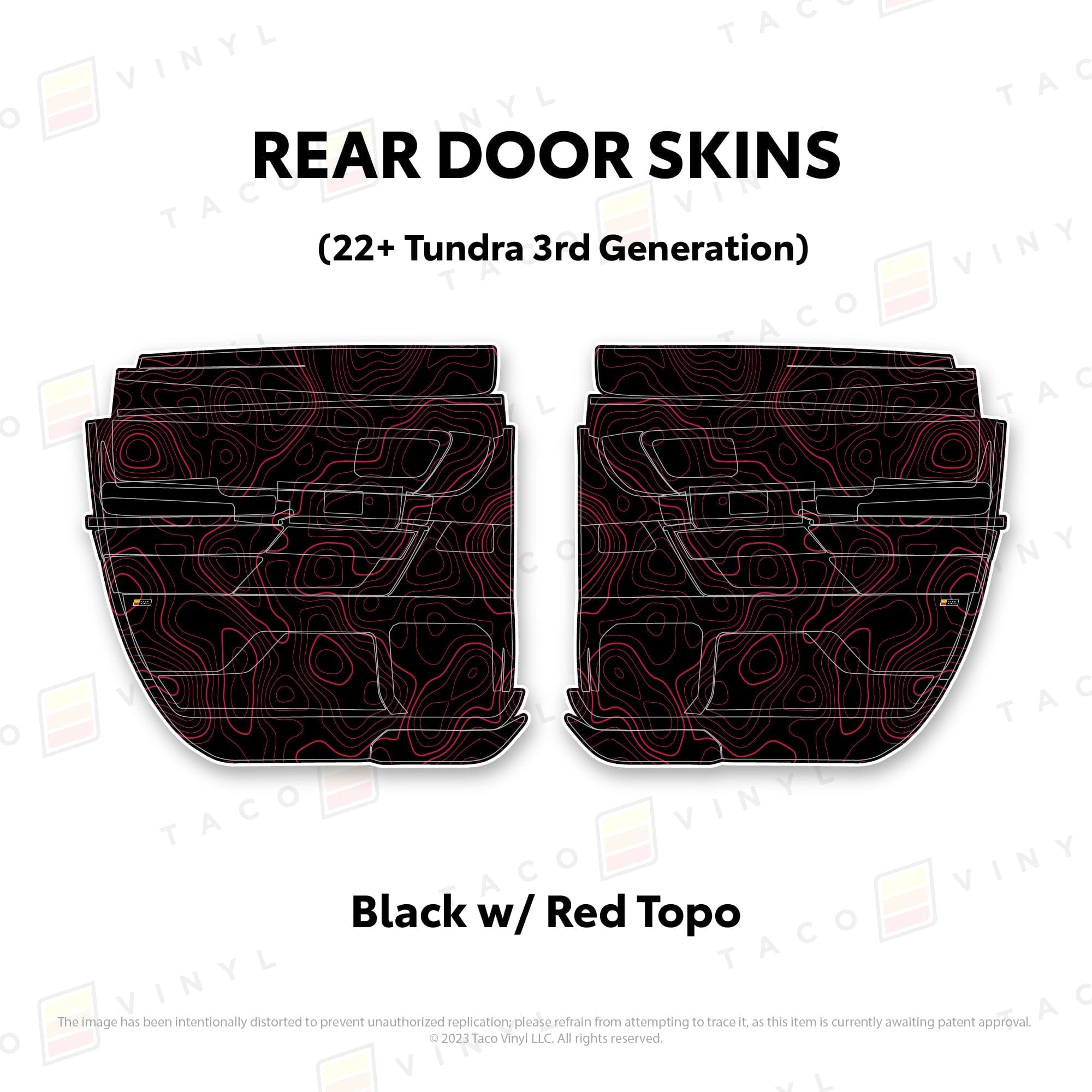 Taco Vinyl Protective Vinyl Rear Driver/Passenger Double Cab / Black w/Red Topo 2022+ Tundra Door Skins