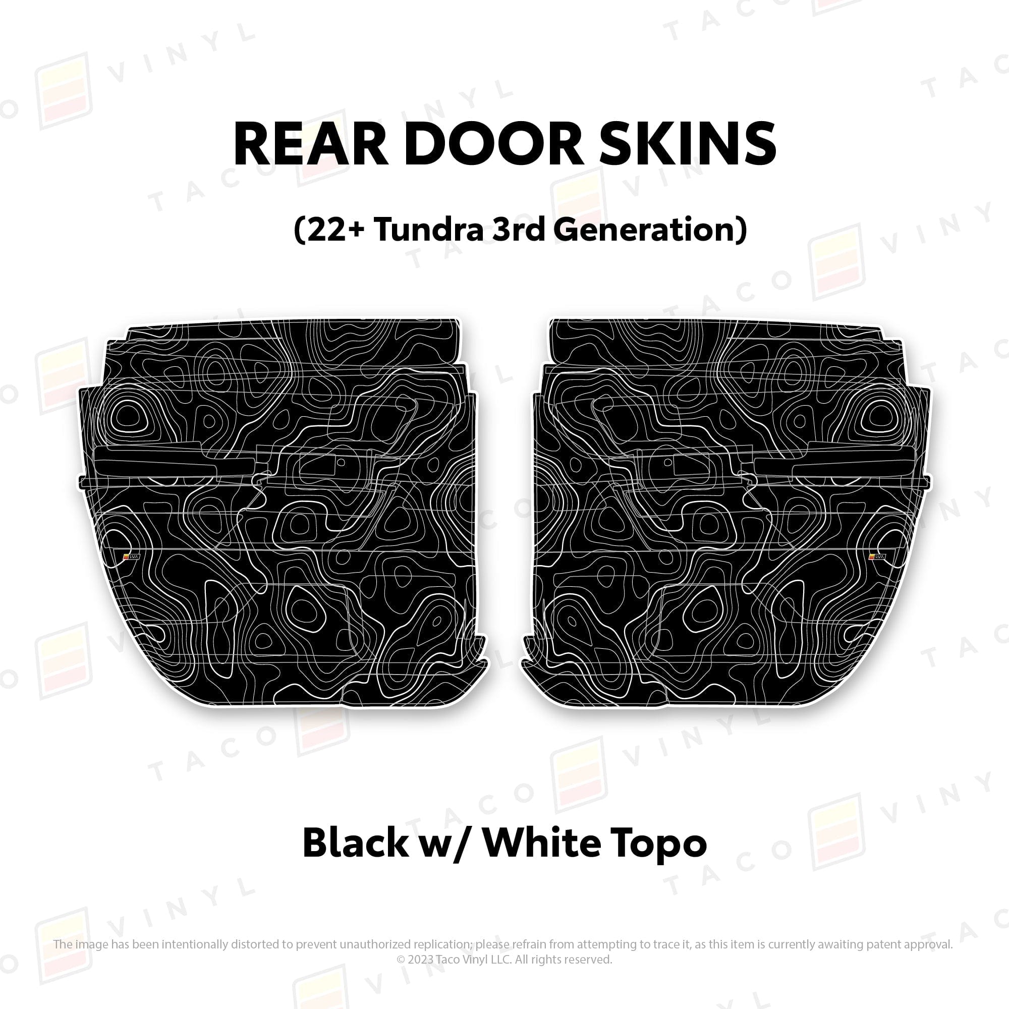 Taco Vinyl Protective Vinyl Rear Driver/Passenger Double Cab / Black w/ White Topo 2022+ Tundra Door Skins