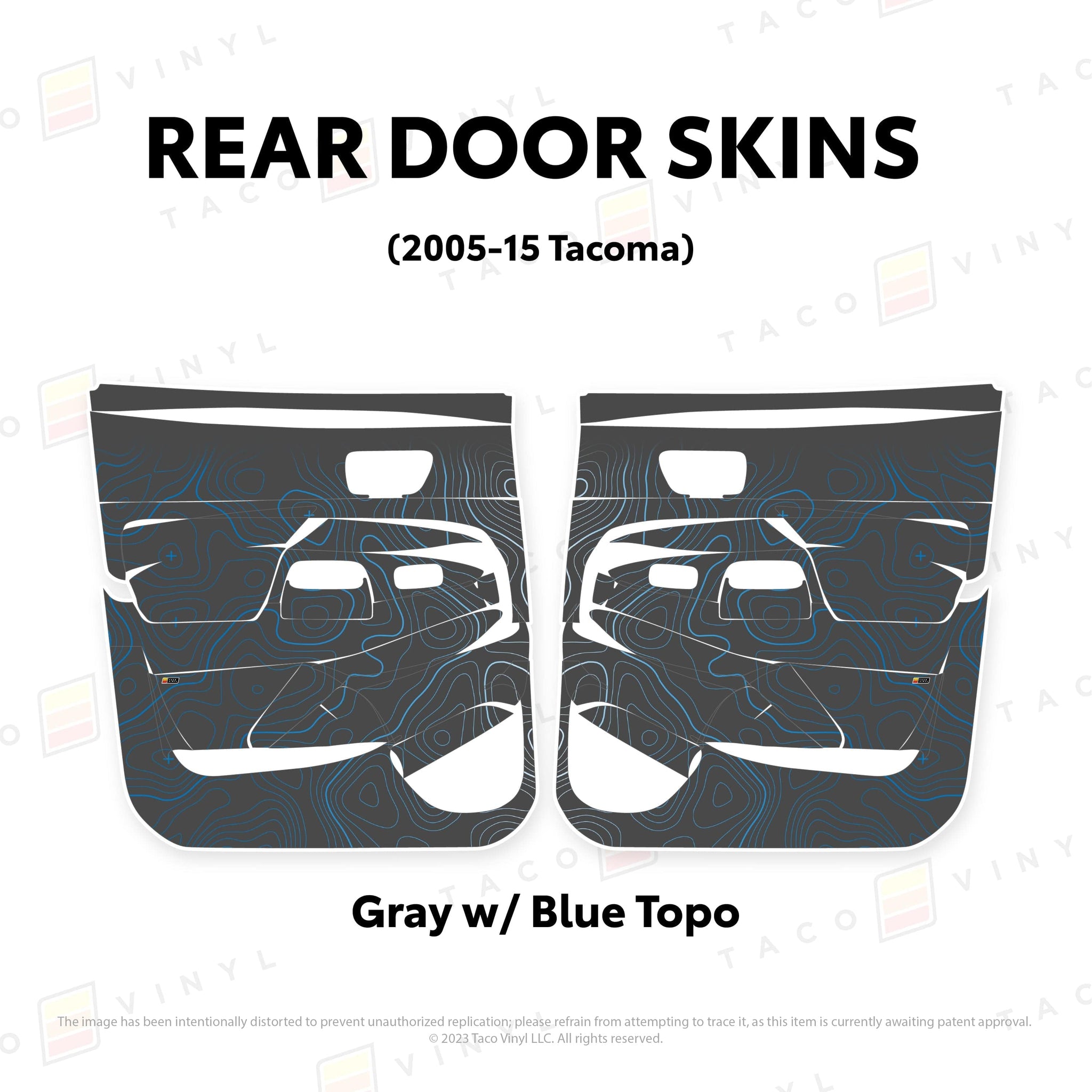 Taco Vinyl Protective Vinyl Rear Driver/Passenger / Gray w/Blue Scheme Topo 2005-15 Tacoma Door Skins