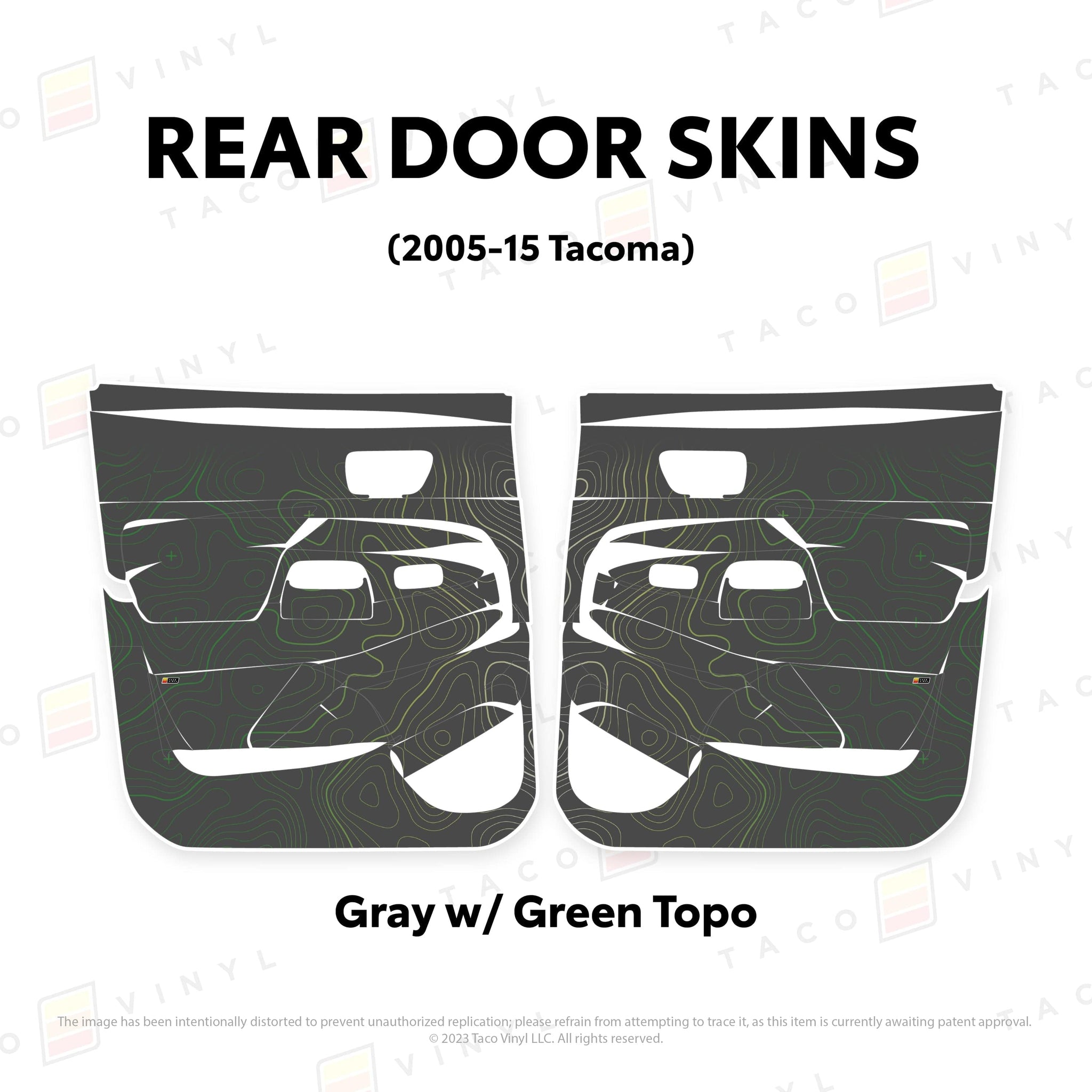 Taco Vinyl Protective Vinyl Rear Driver/Passenger / Gray w/Green Scheme Topo 2005-15 Tacoma Door Skins