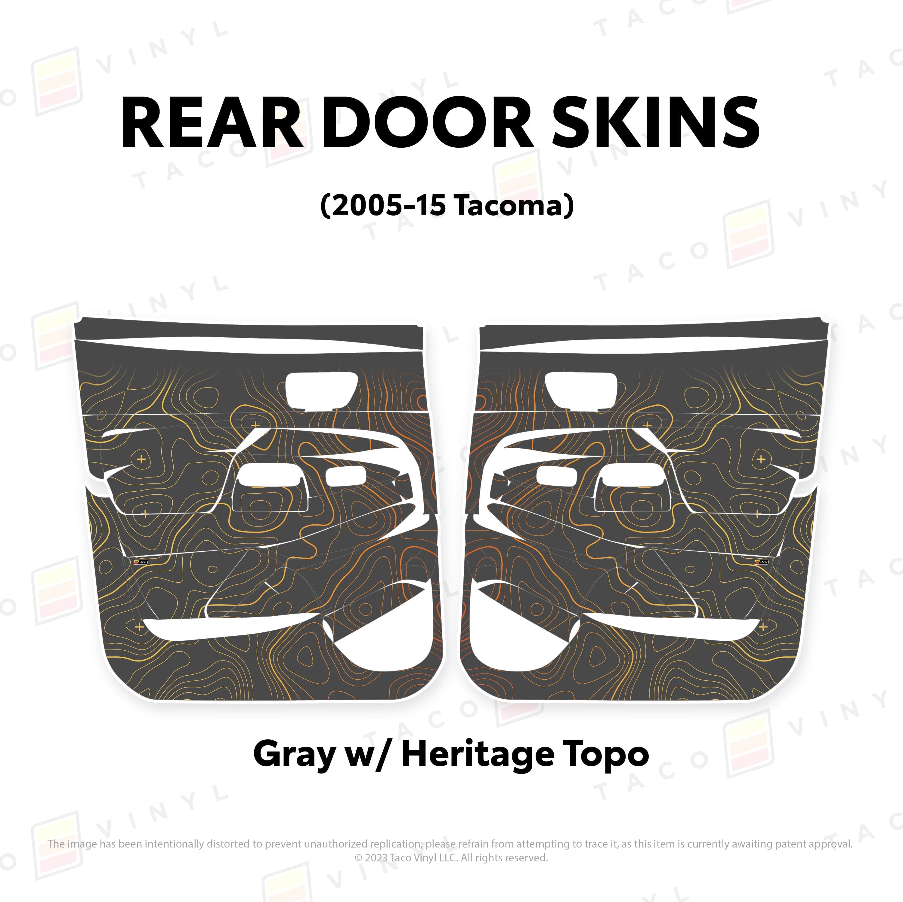 Taco Vinyl Protective Vinyl Rear Driver/Passenger / Gray w/ Heritage Topo 2005-15 Tacoma Door Skins