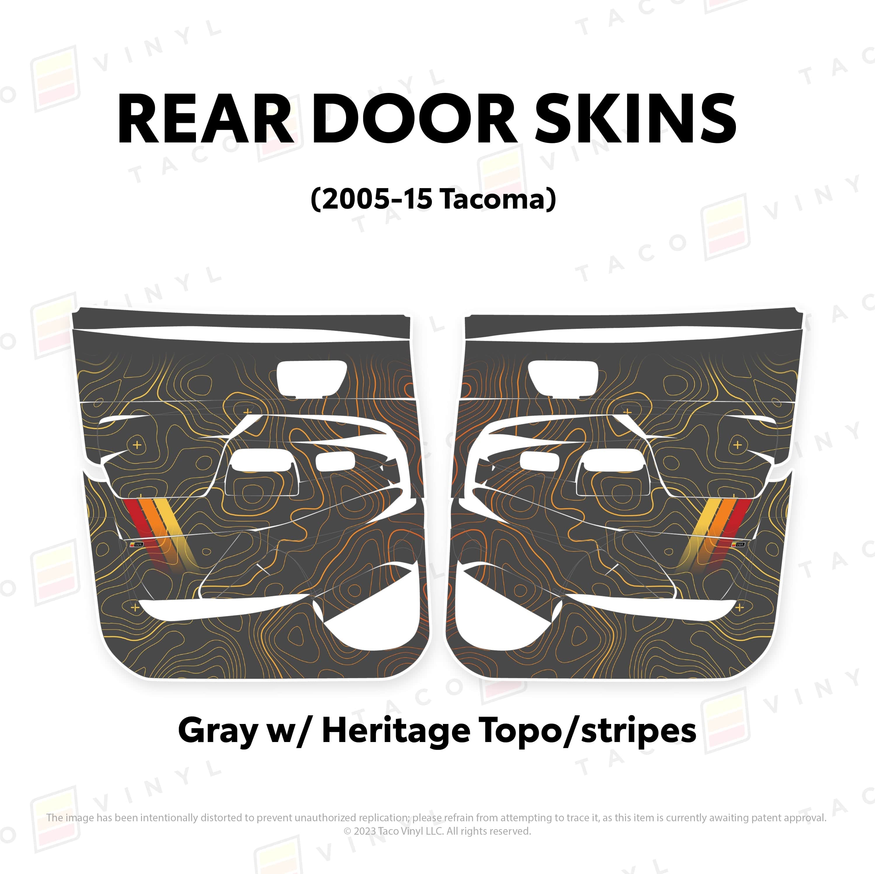 Taco Vinyl Protective Vinyl Rear Driver/Passenger / Gray w/ Heritage Topo/stripes 2005-15 Tacoma Door Skins