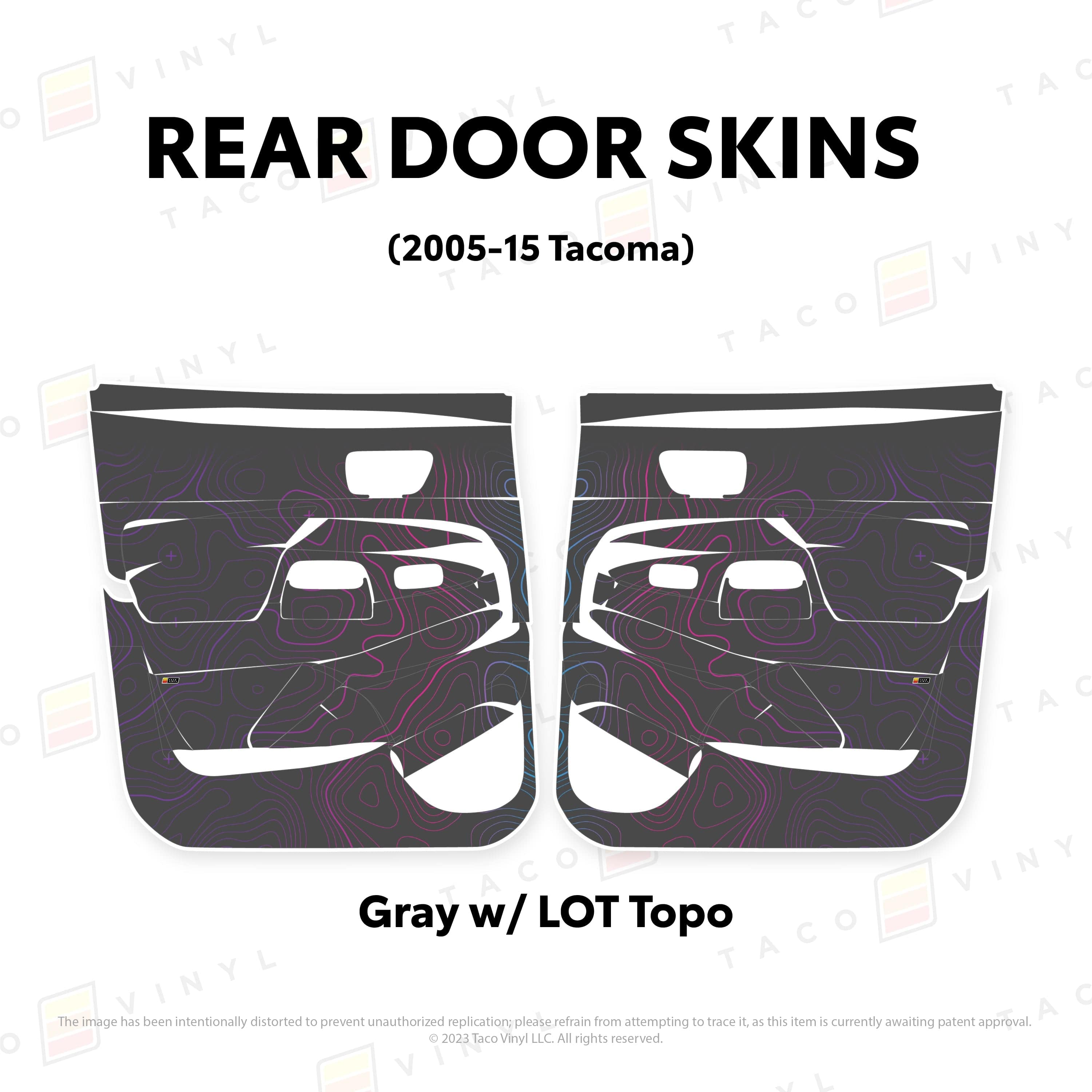 Taco Vinyl Protective Vinyl Rear Driver/Passenger / Gray w/LOT Scheme Topo 2005-15 Tacoma Door Skins