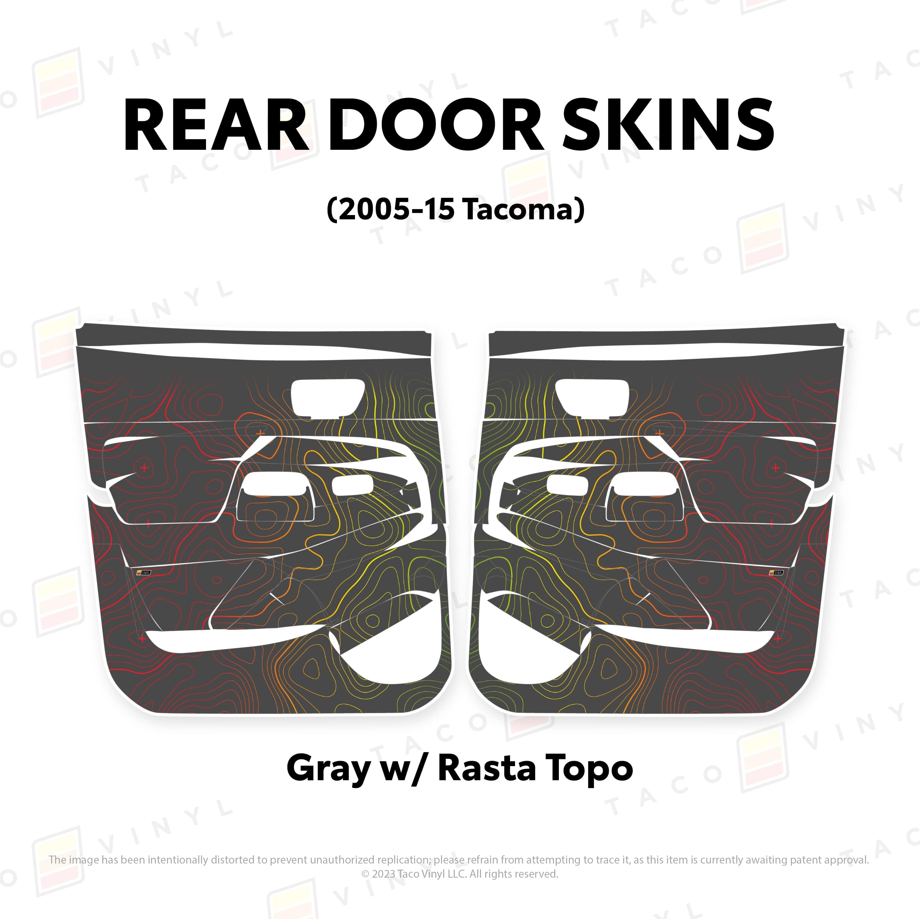 Taco Vinyl Protective Vinyl Rear Driver/Passenger / Gray w/Rasta Scheme Topo 2005-15 Tacoma Door Skins