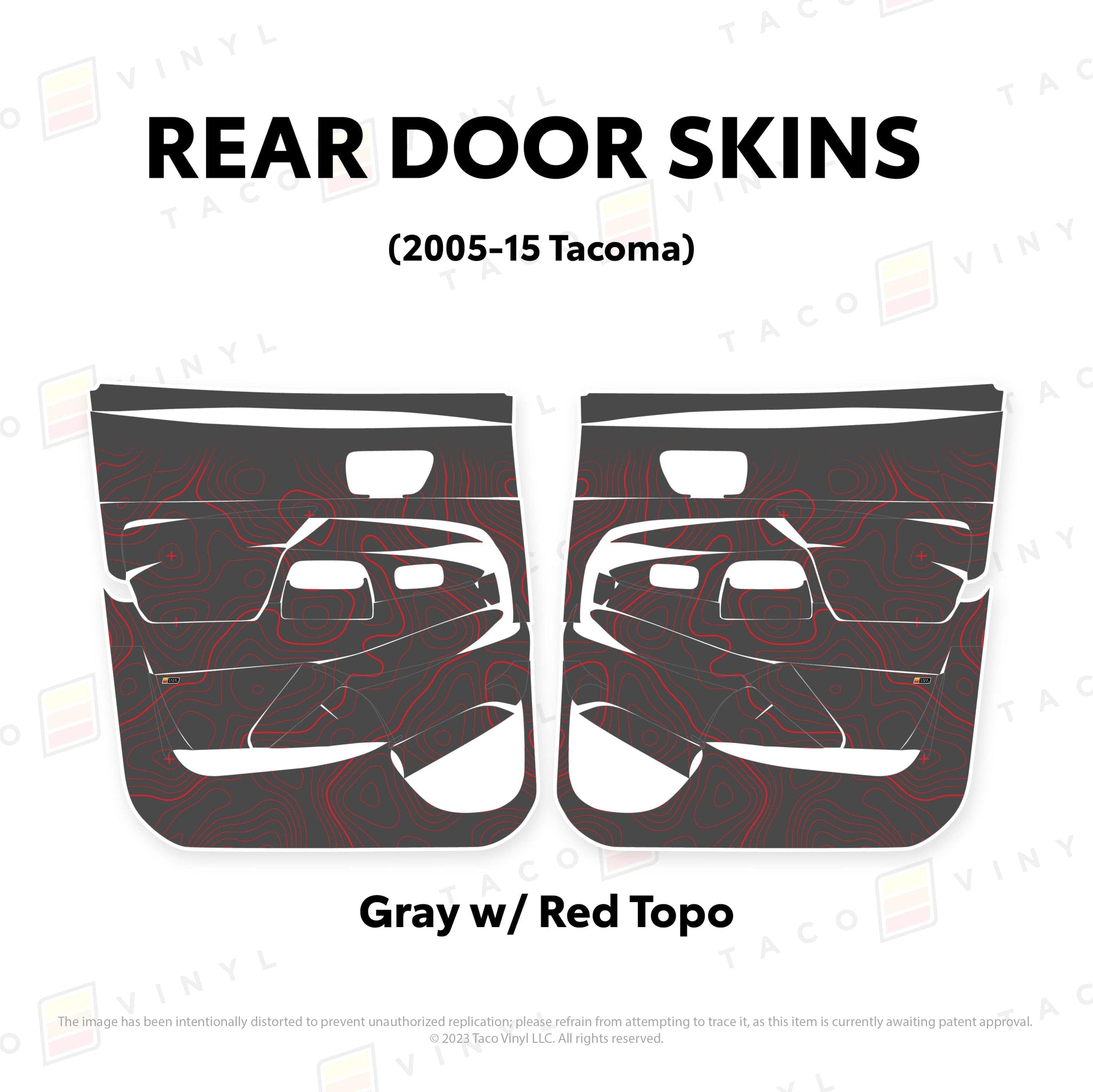 Taco Vinyl Protective Vinyl Rear Driver/Passenger / Gray w/Red Topo 2005-15 Tacoma Door Skins