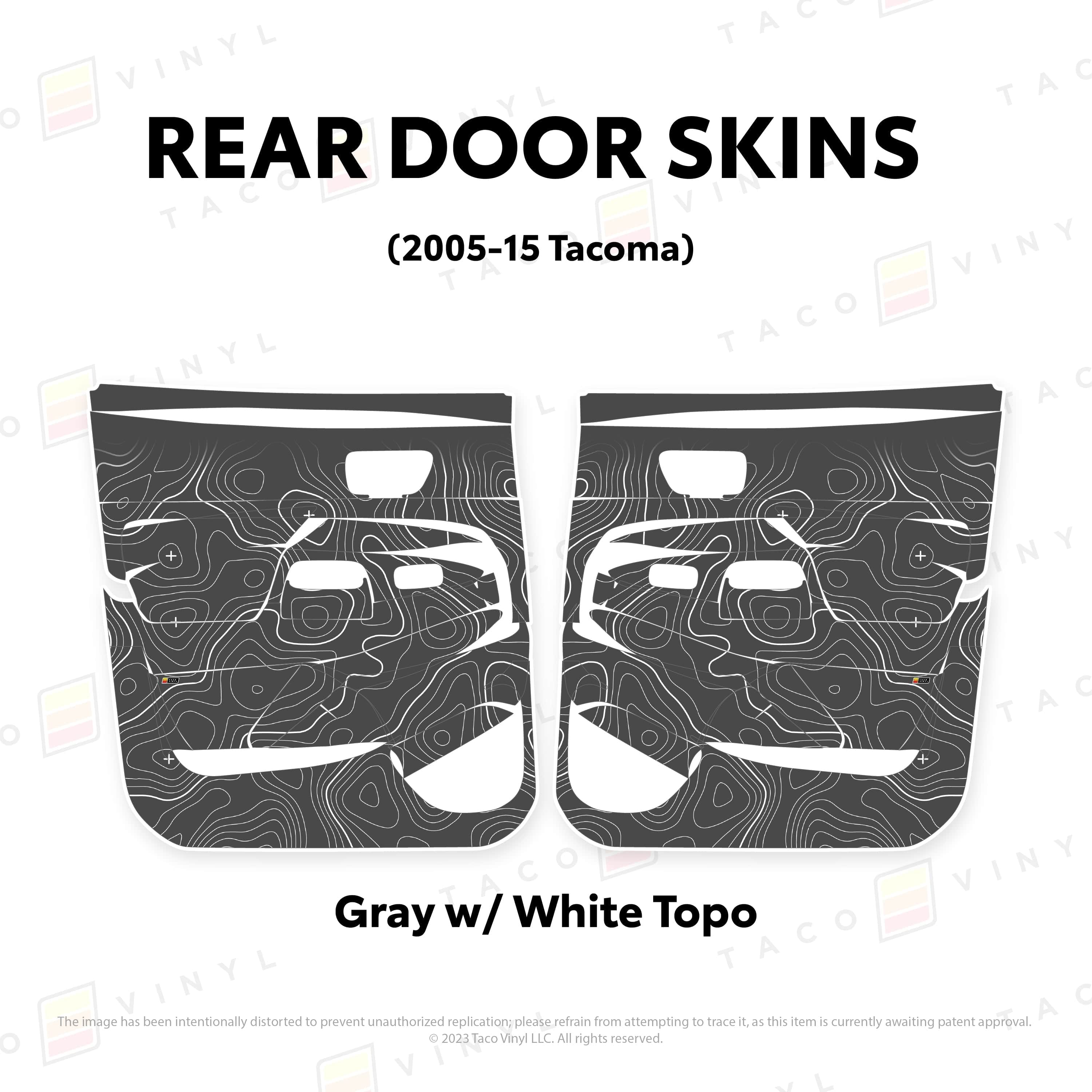 Taco Vinyl Protective Vinyl Rear Driver/Passenger / Gray w/ White Topo 2005-15 Tacoma Door Skins