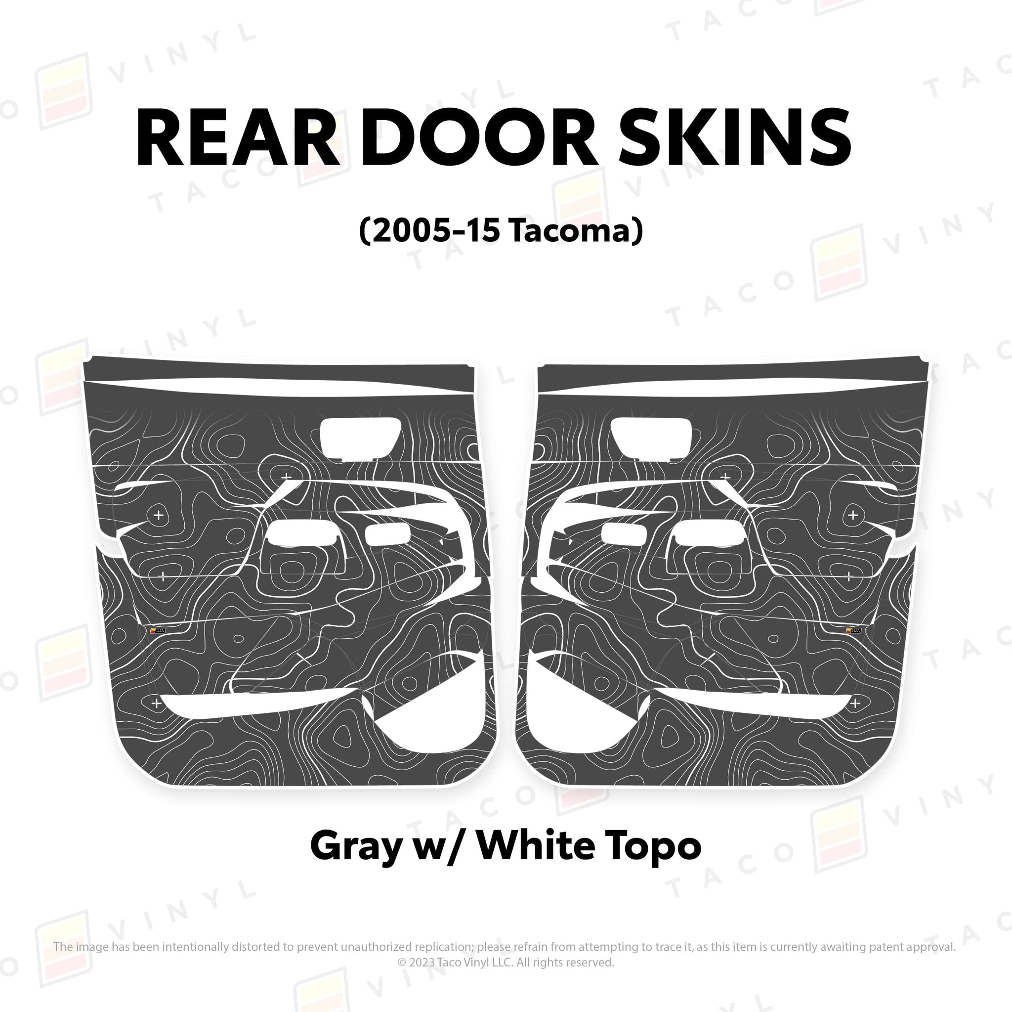 Taco Vinyl Protective Vinyl Rear Driver/Passenger / Gray w/ White Topo 2005-15 Tacoma Door Skins