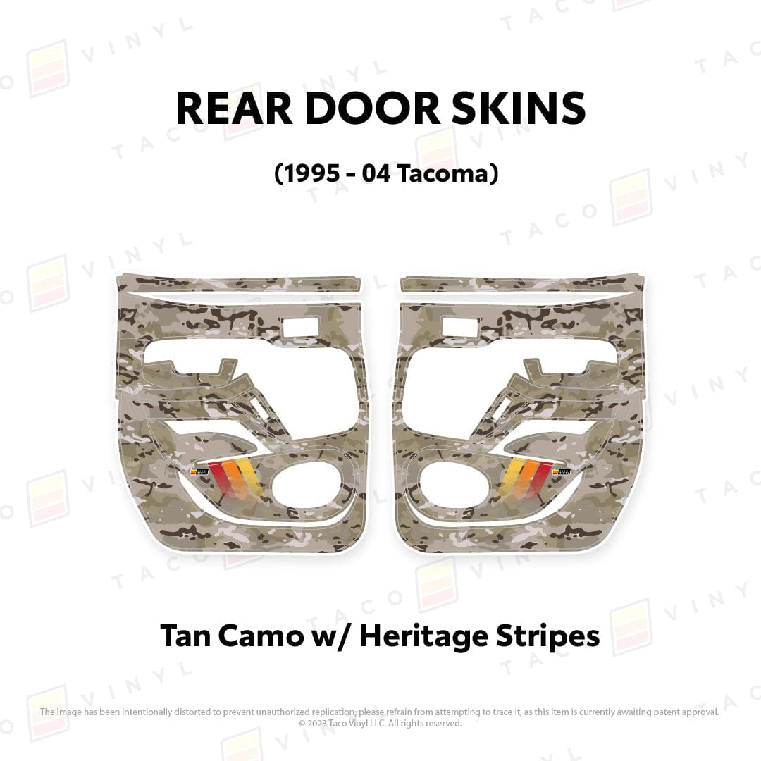 Taco Vinyl Protective Vinyl Rear Driver/Passenger / Tan Camo w/ Heritage Stripes 1995-04 Tacoma Door Skins