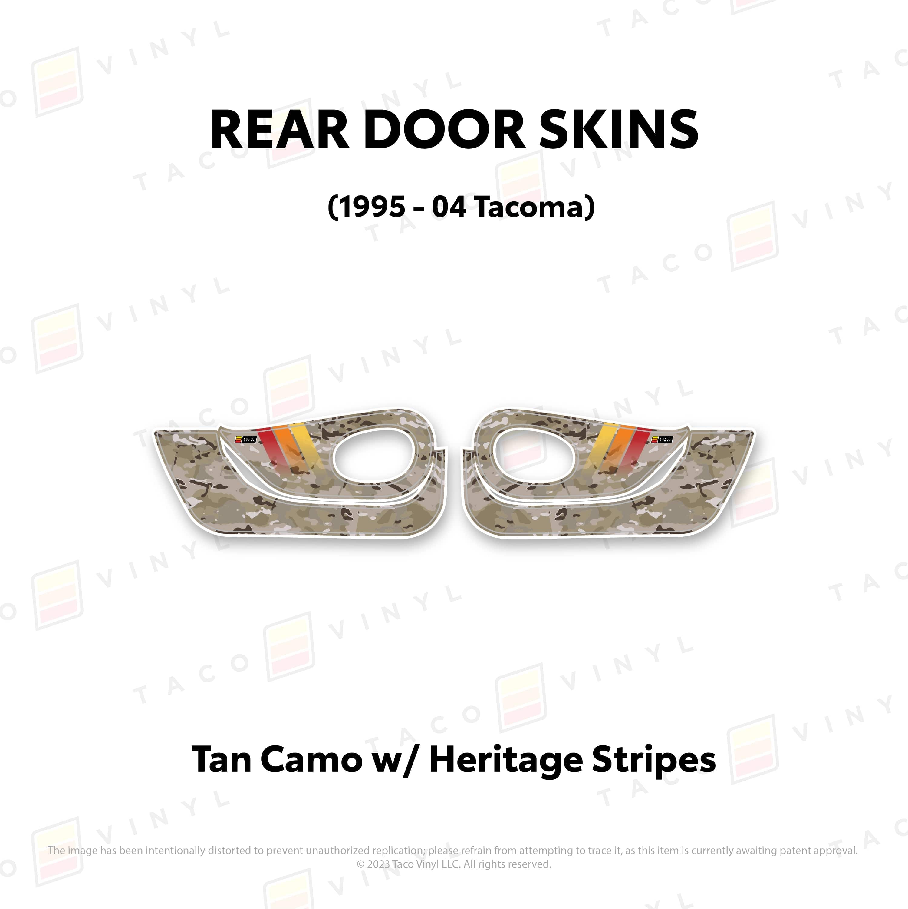 Taco Vinyl Protective Vinyl Rear Driver/Passenger / Tan Camo w/ Heritage Stripes 1995-04 Tacoma Door Skins (Lower Section)