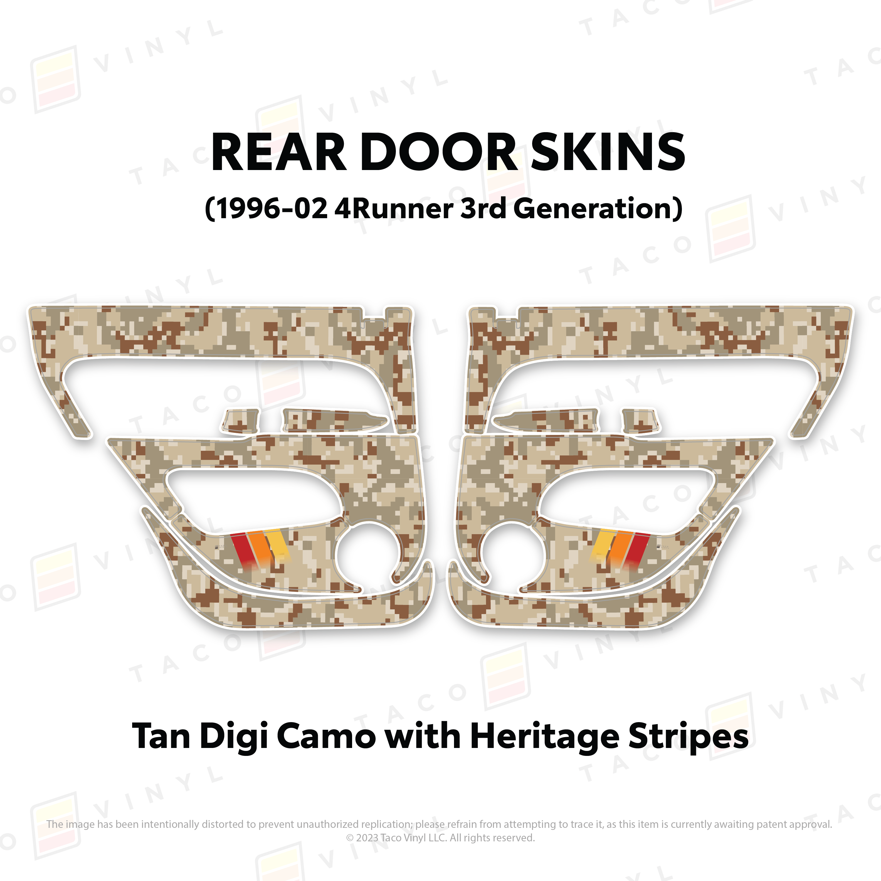 Taco Vinyl Protective Vinyl Rear Driver/Passenger / Tan Digi Camo w/Heritage Stripes 1996-2002 4Runner Door Skins