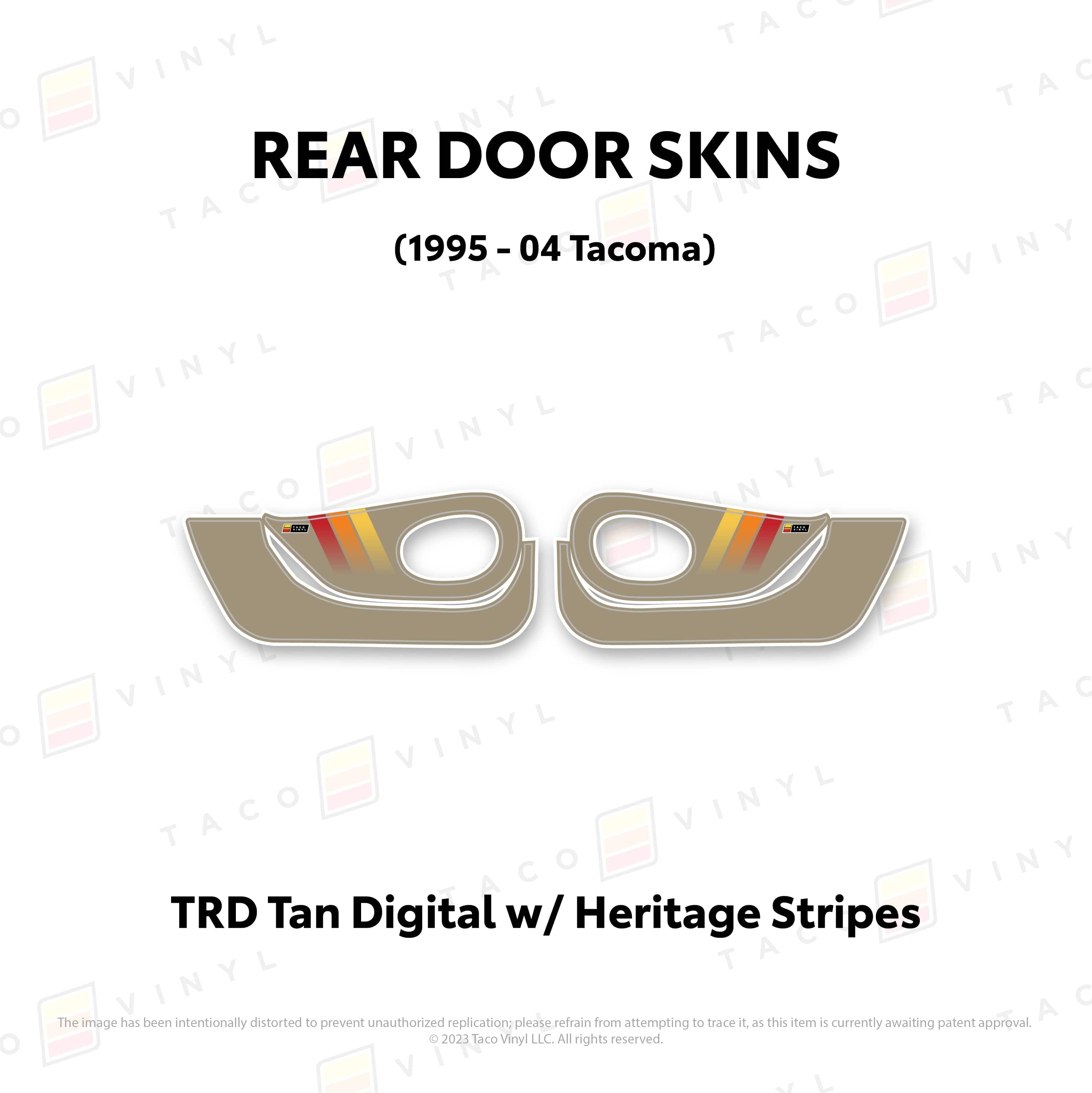 Taco Vinyl Protective Vinyl Rear Driver/Passenger / TRD Tan Digital w/Heritage Stripes 1995-04 Tacoma Door Skins (Lower Section)