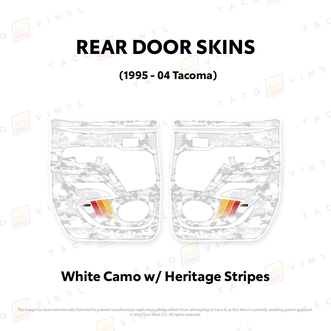 Taco Vinyl Protective Vinyl Rear Driver/Passenger / White Camo w/Heritage Stripes 1995-04 Tacoma Door Skins