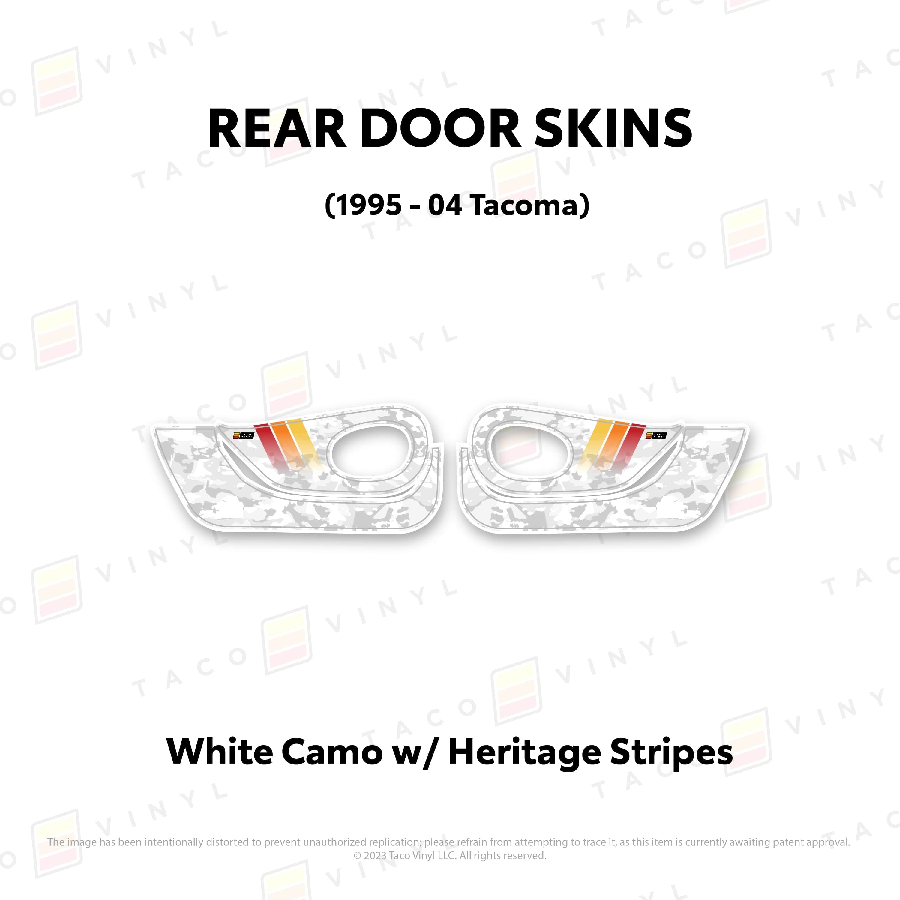 Taco Vinyl Protective Vinyl Rear Driver/Passenger / White Camo w/Heritage Stripes 1995-04 Tacoma Door Skins (Lower Section)