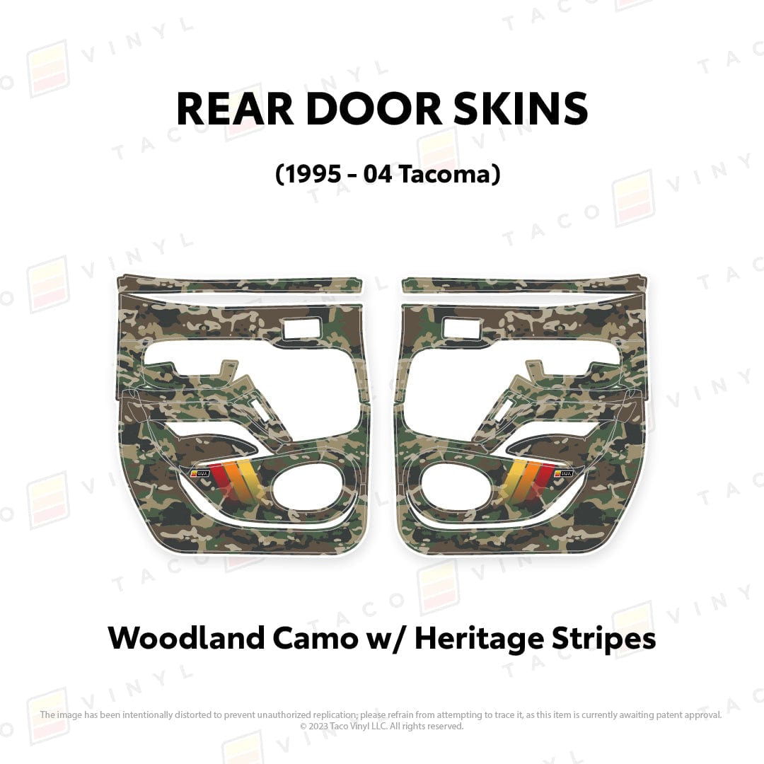 Taco Vinyl Protective Vinyl Rear Driver/Passenger / Woodland Camo w/Heritage Stripes 1995-04 Tacoma Door Skins